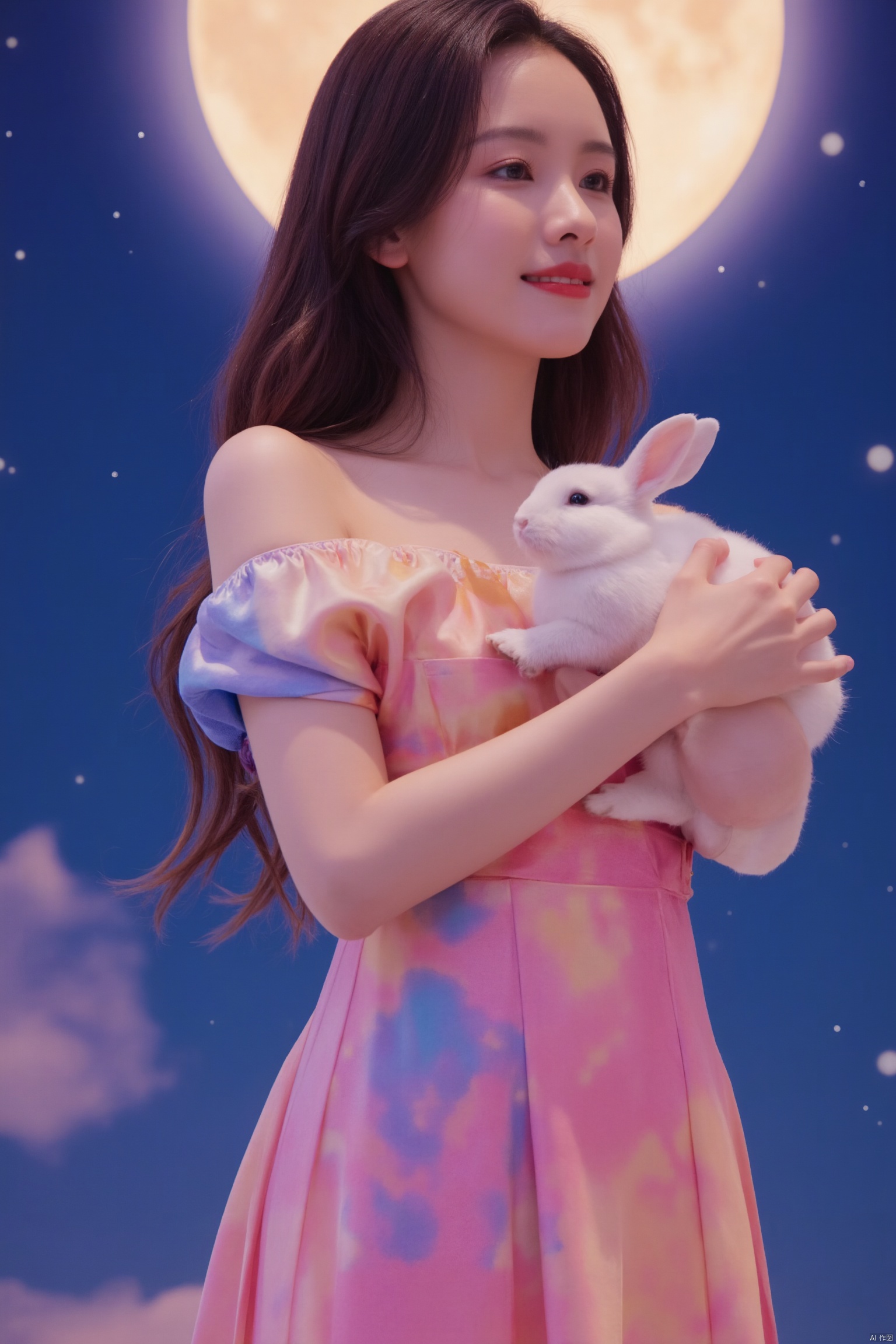In a dreamlike scene, a woman embodying the Chang'e beauty stands out against a vibrant, fluorescent background teeming with stars. Her clean and beautiful face radiates serenity as she wears a kaleidoscope of colors that seem to shift and shimmer in harmony with the celestial bodies above. She holds a white rabbit close to her heart, while the glowing moon casts an ethereal light on the entire composition.


