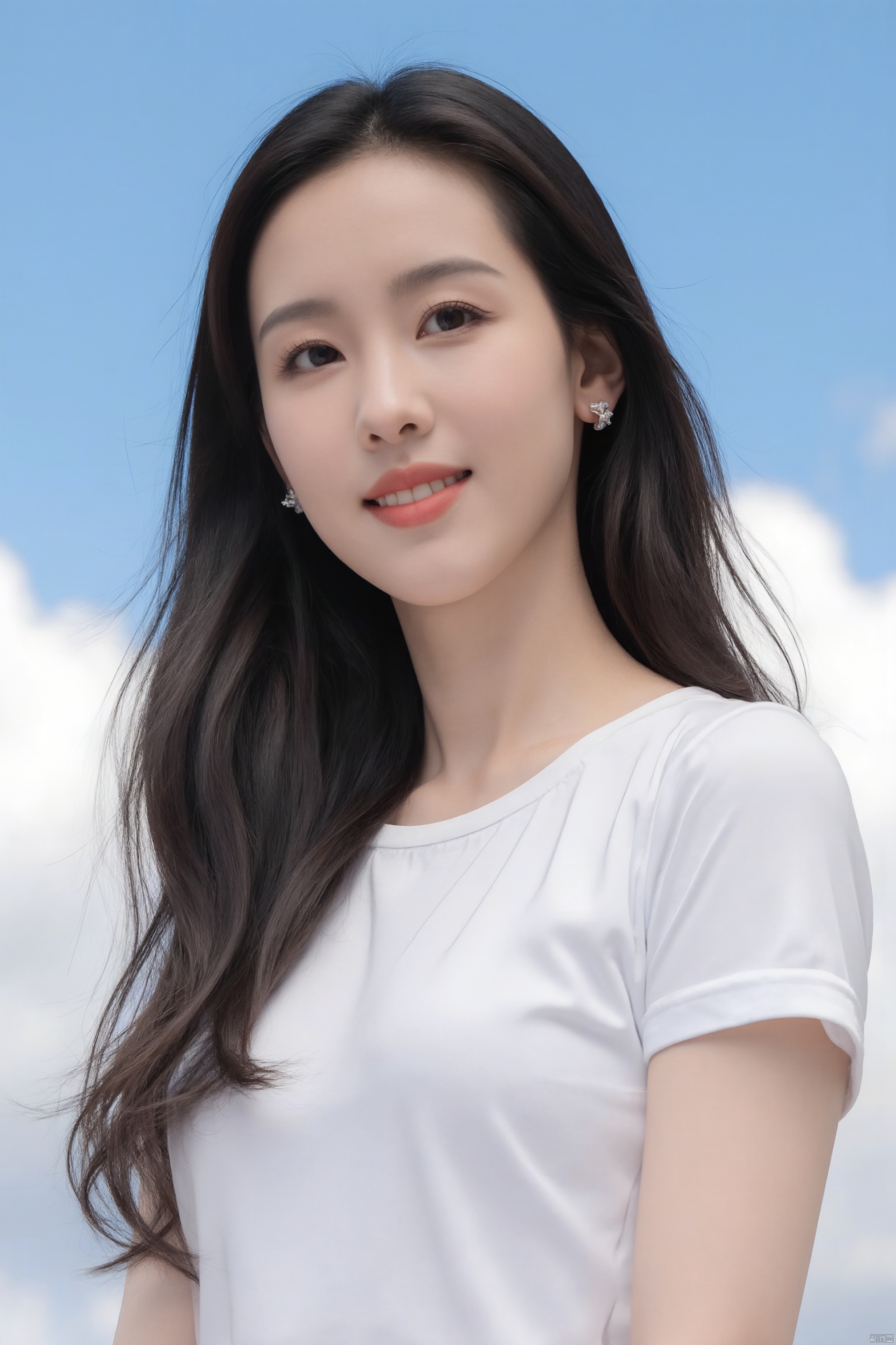 (1girl:1.2), (big smile), beautiful face, Amazing face and eyes, long silky brown hair, wearing white t shirt, delicate, (Best Quality:1.4), (Ultra-detailed), (extremely detailed beautiful face), cute smile, brown eyes, (highly detailed Beautiful face), (summer high school uniform:1.2), (extremely detailed CG unified 8k wallpaper), Highly detailed, High-definition raw color photos, Professional Photography, Realistic portrait, Extremely high resolution, smiling, (Clouds all over the sky, cloudy sky, lots of clouds:1.5), (cloudy day:1.5), half figure

