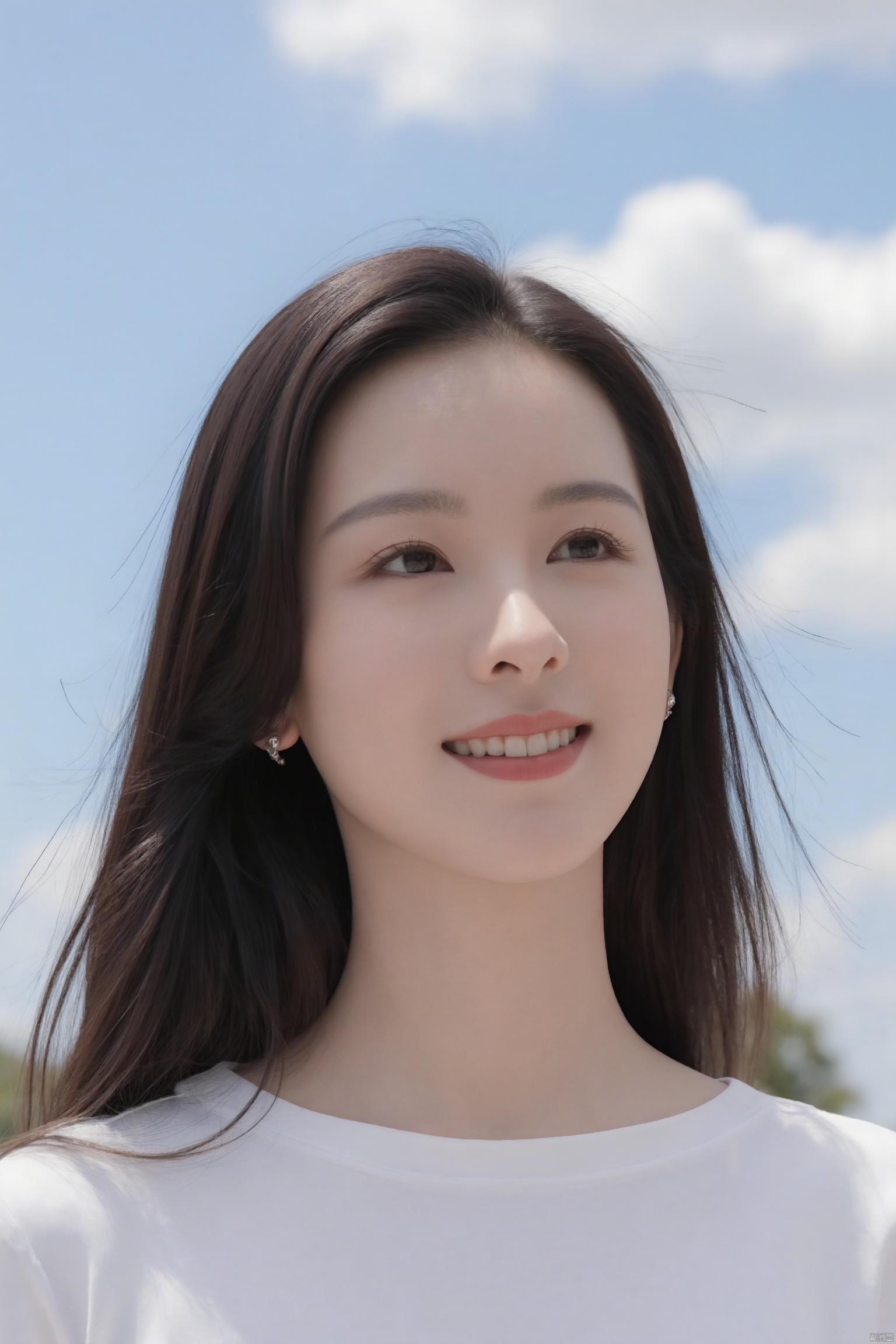 (1girl:1.2), (big smile), beautiful face, Amazing face and eyes, long silky brown hair, wearing white t shirt, delicate, (Best Quality:1.4), (Ultra-detailed), (extremely detailed beautiful face), cute smile, brown eyes, (highly detailed Beautiful face), (summer high school uniform:1.2), (extremely detailed CG unified 8k wallpaper), Highly detailed, High-definition raw color photos, Professional Photography, Realistic portrait, Extremely high resolution, smiling, (Clouds all over the sky, cloudy sky, lots of clouds:1.5), (cloudy day:1.5), half figure

