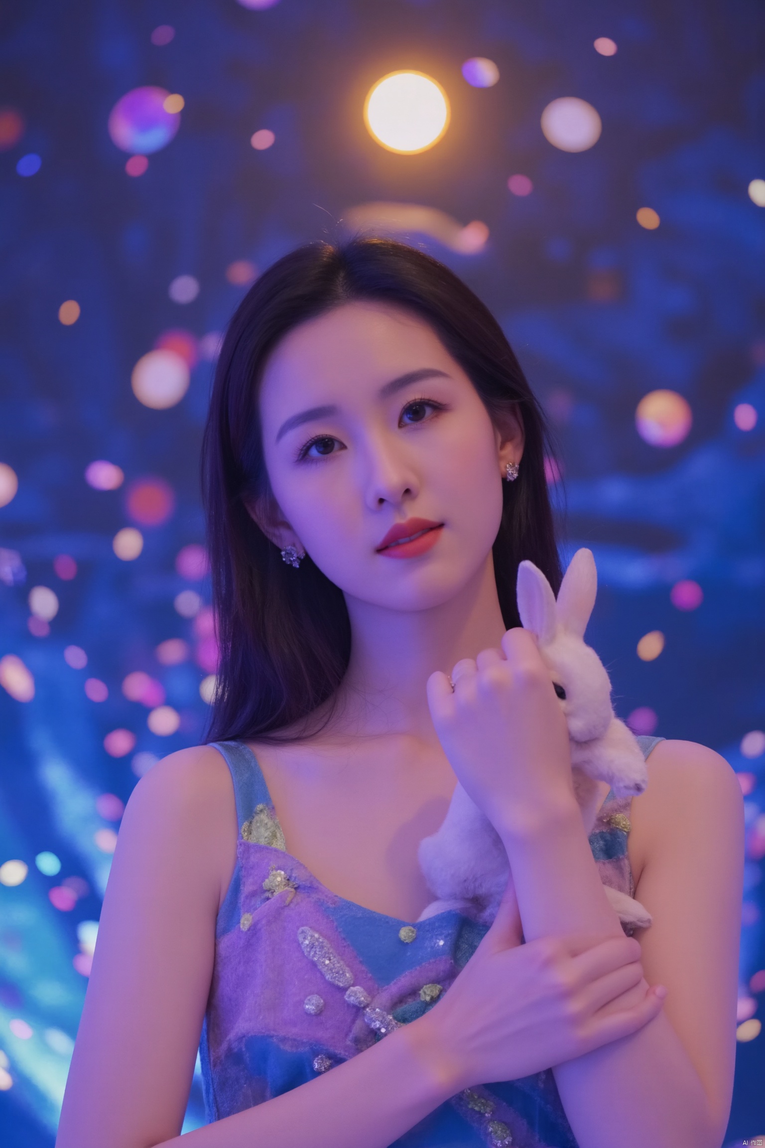 In a dreamlike scene, a woman embodying the Chang'e beauty stands out against a vibrant, fluorescent background teeming with stars. Her clean and beautiful face radiates serenity as she wears a kaleidoscope of colors that seem to shift and shimmer in harmony with the celestial bodies above. She holds a white rabbit close to her heart, while the glowing moon casts an ethereal light on the entire composition.


