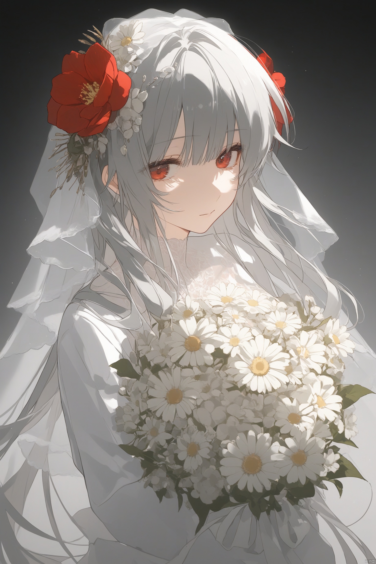  1girl, solo, long hair, looking at viewer, bangs, shirt, hair ornament, red eyes, long sleeves, ribbon, holding, closed mouth, white shirt, upper body, flower, grey hair, hair flower, white flower, red flower, veil, bouquet, holding flower, chromatic aberration, bridal veil, holding bouquet,（perfect light and shadow:1.25)