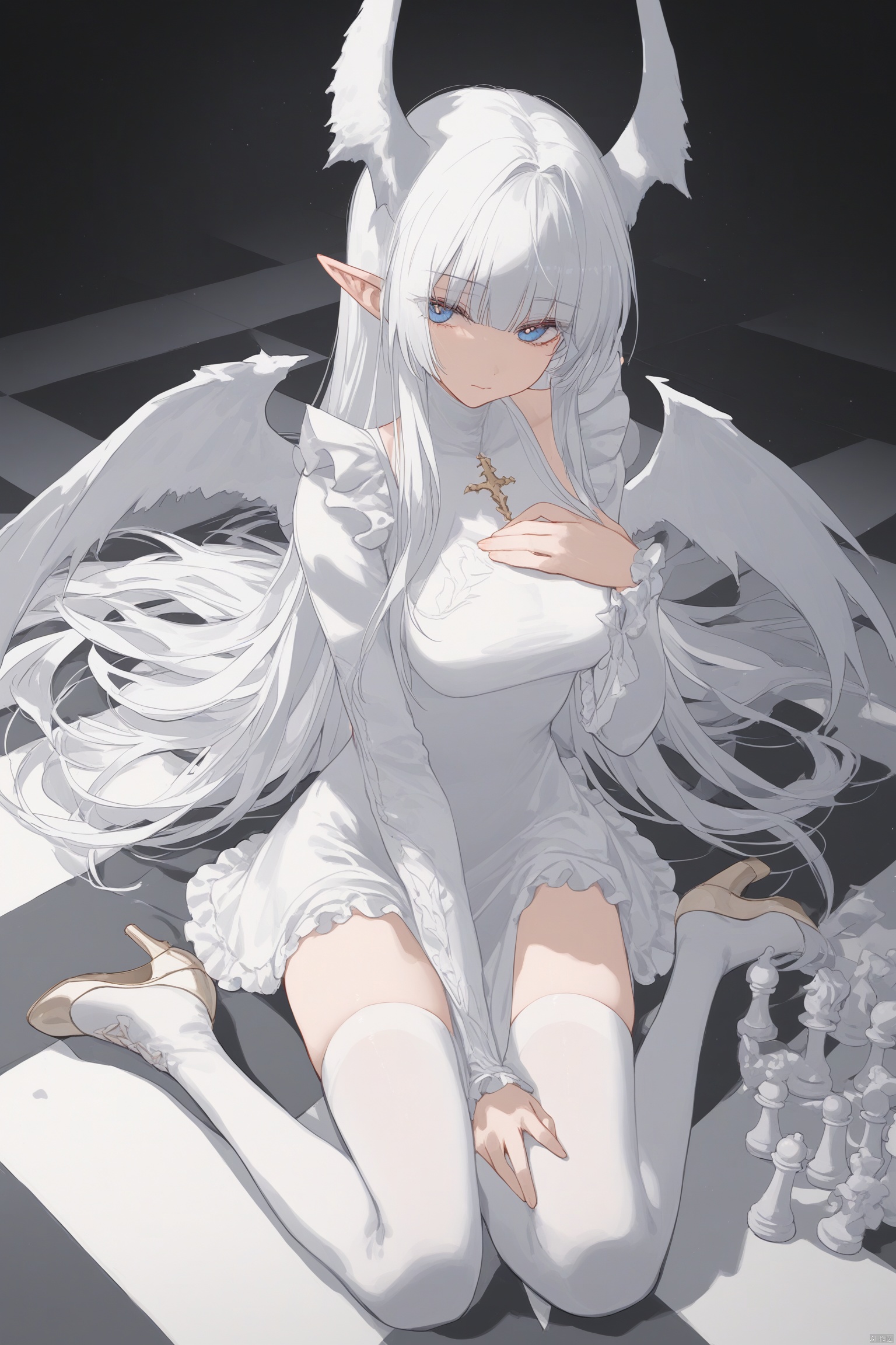1girl, solo, long hair, looking at viewer, bangs, blue eyes, thighhighs, long sleeves, dress, sitting, closed mouth, flower, white hair, boots, frills, indoors, blunt bangs, white dress, high heels, white thighhighs, wariza, white footwear, high heel boots, checkered floor, chess piece,dargon hord,dargon wings,dargon tail,(one hand on chest)