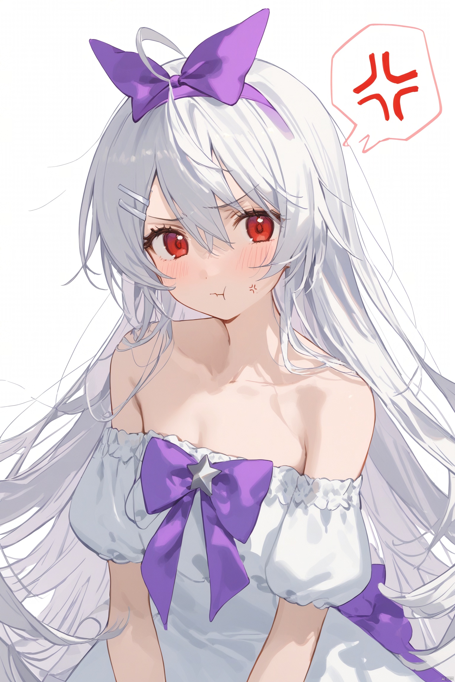 1girl, solo, long hair, looking at viewer, blush, bangs, simple background, hair ornament, red eyes, white background, dress, bow, hair between eyes, bare shoulders, very long hair, closed mouth, collarbone, upper body, ahoge, white hair, hair bow, hairband, hairclip, off shoulder, star \(symbol\), white dress, strapless, anger vein, purple bow, :t, star hair ornament, pout, purple hairband, spoken anger vein