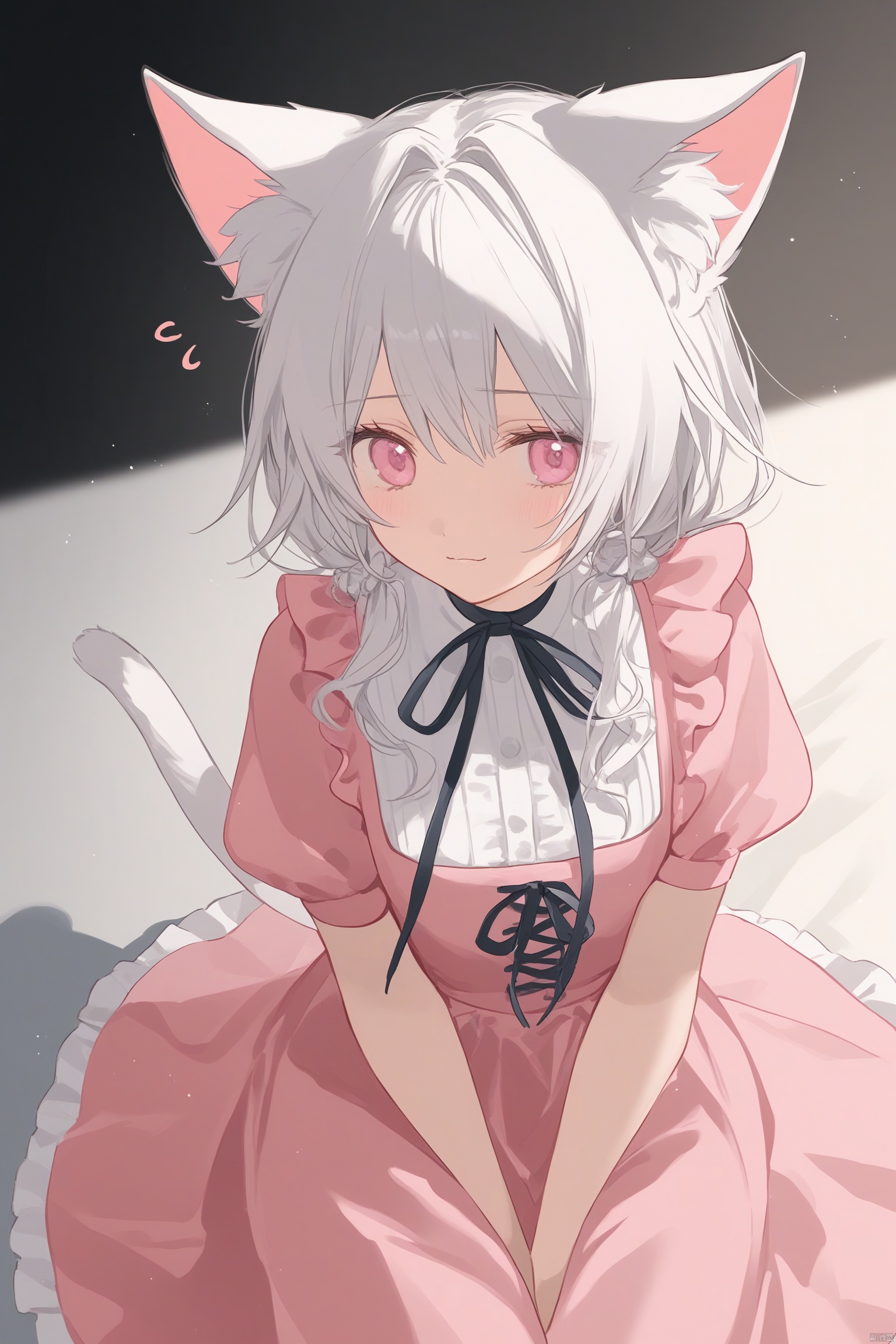 kitten ears,cat tail,cute face,white hair,pink eyes,pink dress,ribbon