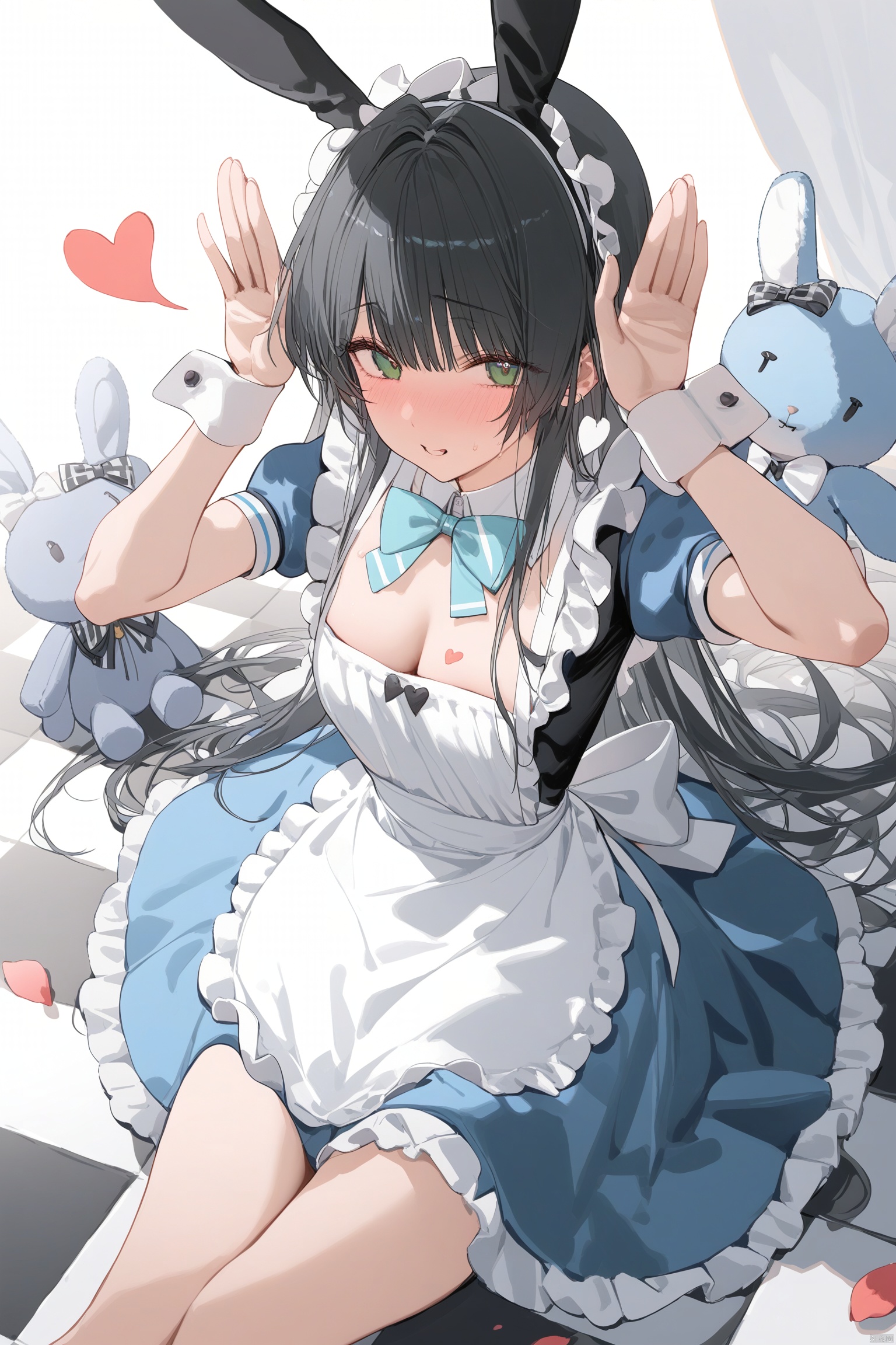 masterpiece, best quality, 1girl, long hair, green eyes, checkered floor, stuffed toy, stuffed animal, solo, dress, black hair, bow, hair bow,  stuffed bunny, petals, looking at viewer, blush, wrist cuffs, blue dress, apron, short sleeves, heart, frills, sitting, bangs,rabbit pose,