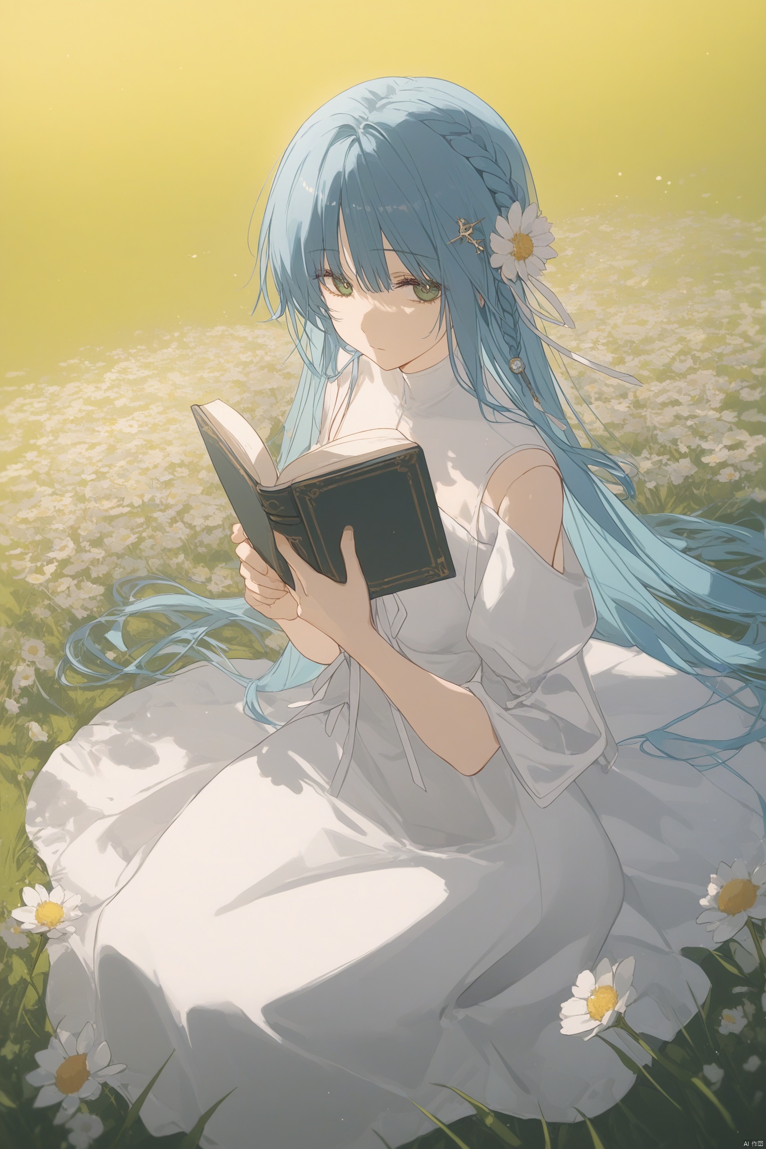 1girl, solo, long hair, looking at viewer, blue hair, hair ornament, dress, holding, jewelry, closed mouth, green eyes, braid, white dress, book, expressionless, holding book, open book,The grass, the sun,sea of flowers