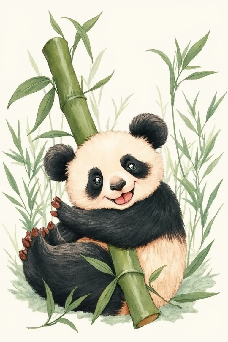 by_M_T_Ross,  high quality kids illustration of a baby panda lying on its back,  hugging a bamboo stick. on Tensor.Art