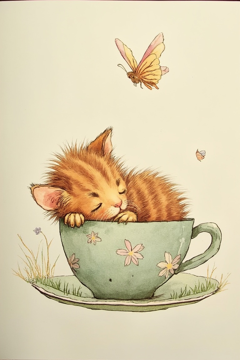 by_M_T_Ross,  high quality kids illustration of a tiny kitten curled up in a teacup,  peacefully sleeping while a butterfl...