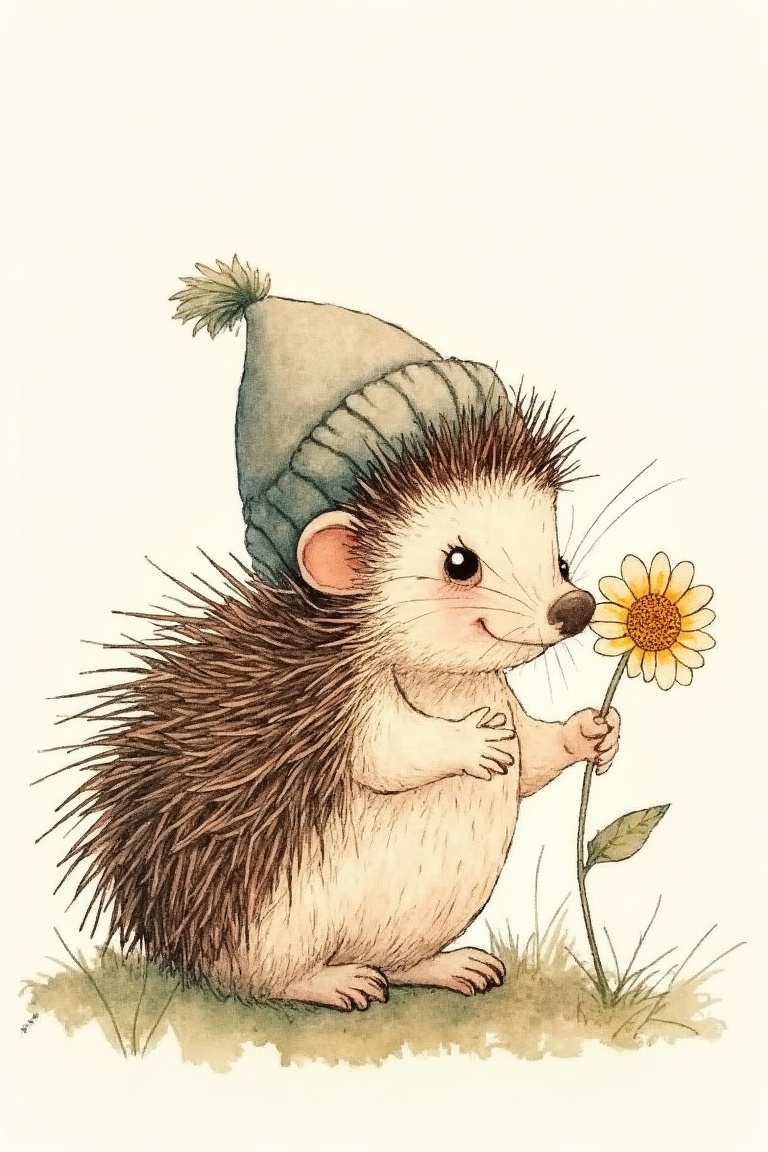 by_M_T_Ross,  high quality kids illustration of a tiny hedgehog wearing a small hat,  sniffing a flower happily. on Tensor...