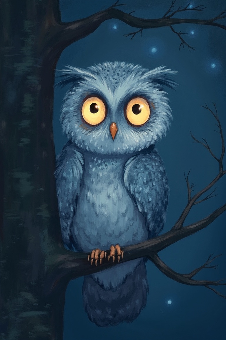 by_M_T_Ross,  high quality kids illustration of a baby owl peeking out from a tree,  eyes glowing in the moonlight. on Ten...