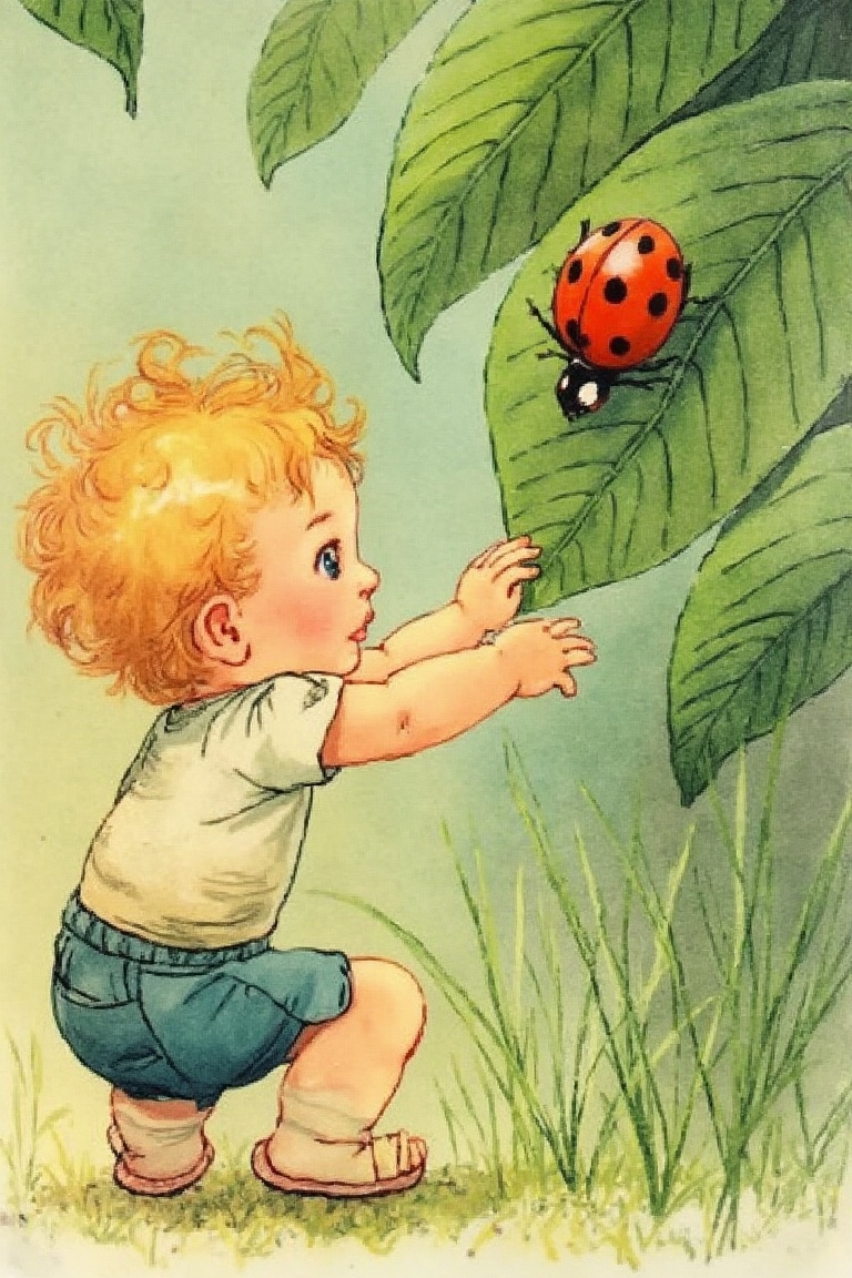by_M_T_Ross,  high quality kids illustration of a curious toddler reaching out to touch a ladybug perched on a leaf. on Te...