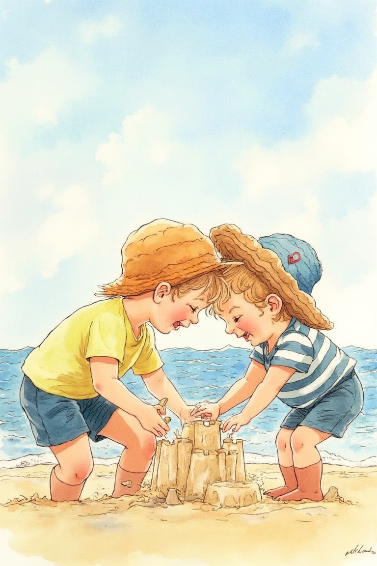 by_M_T_Ross,  high quality kids illustration of siblings building a sandcastle,  giggling as waves approach. on Tensor.Art