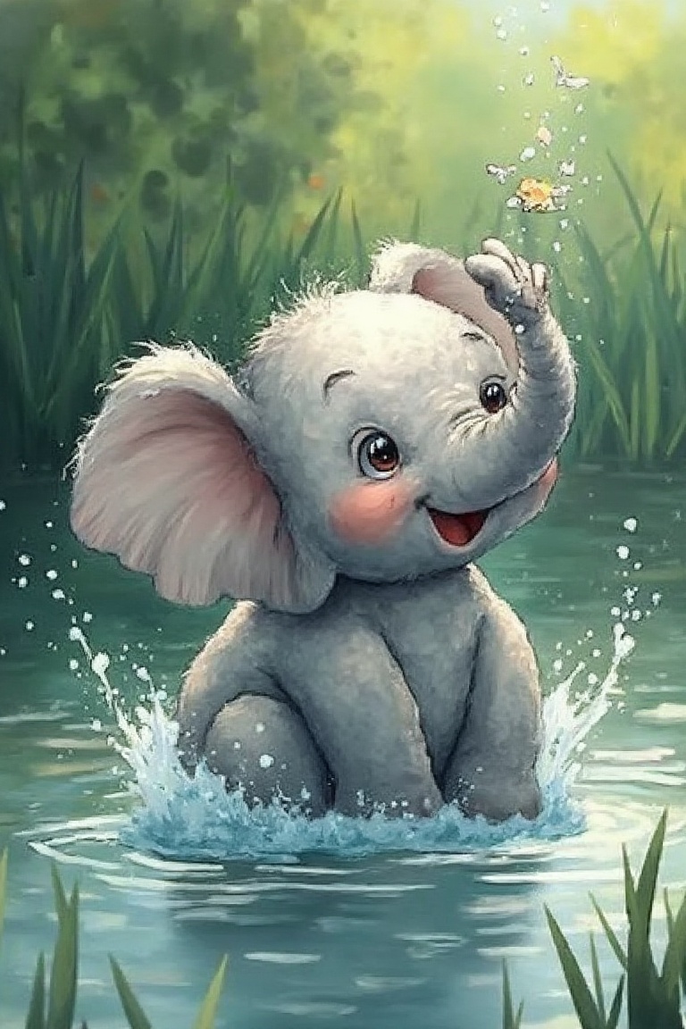 by_M_T_Ross,  high quality kids illustration of a small elephant splashing in a pond,  water droplets sparkling. on Tensor...