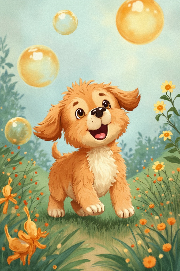 by_M_T_Ross,  high quality kids illustration of a puppy chasing bubbles in a garden,  eyes wide with excitement. on Tensor...