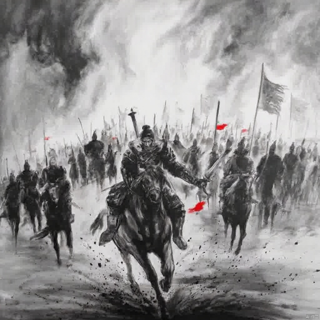 Wuxia a warrior from the ancient dynasty seated on a black horse holding a sword and a red arrow surrounded by a group of warriors holding flags and other weapons all in black and white dramatic and intense atmosphere intense and focused full-body shot low-angle shot dramatic lighting intense gaze historical and historical elements., ink painting, a painting of a man on a horse with a sword in his hand and a group of men on horses in the background, 1boy, holding, monochrome, weapon, greyscale, male focus, sword, holding weapon, armor, helmet, polearm, spear, riding, holding polearm, horse, horseback riding, letterboxed, spot color