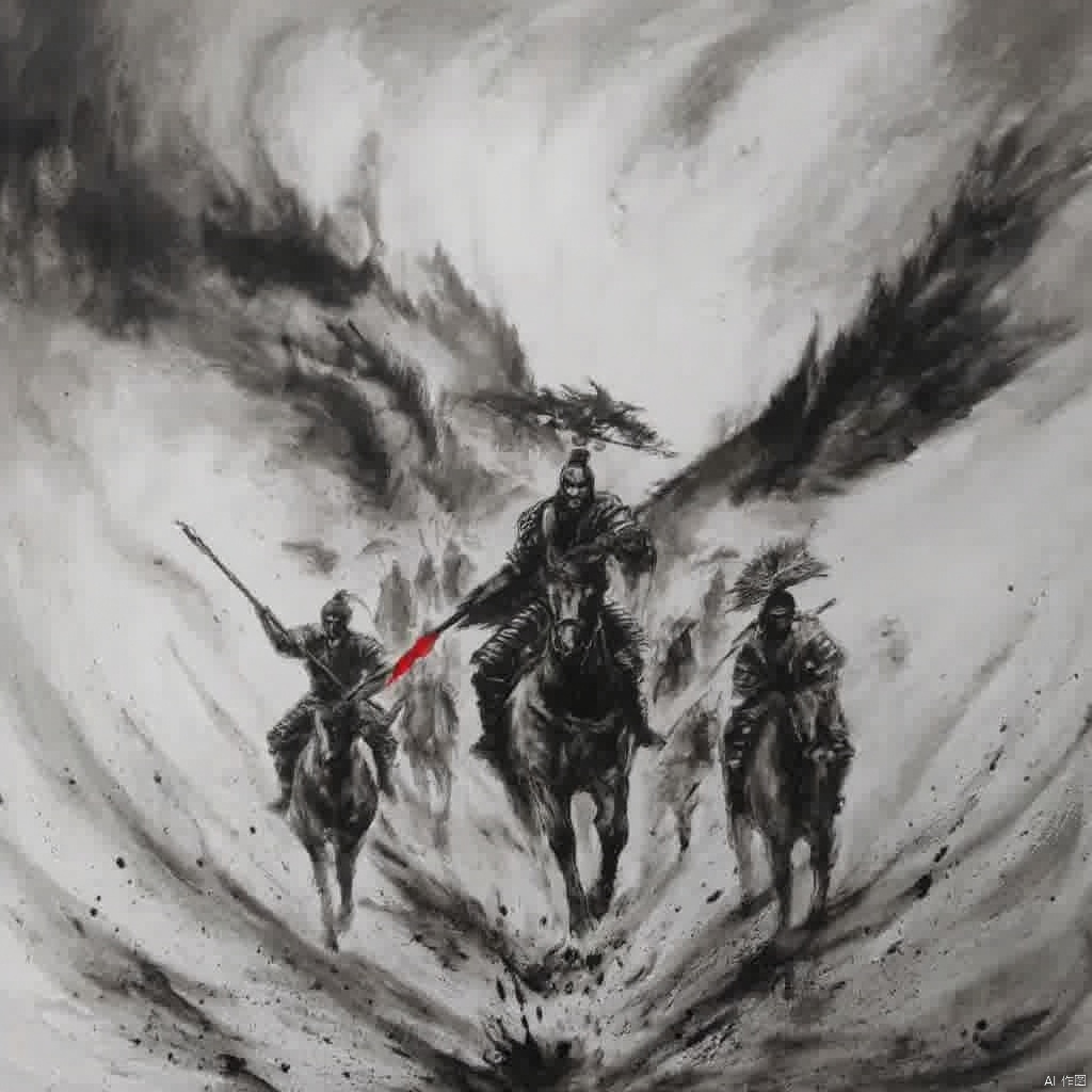 Black and white painting fantasy scene battle scene medieval warrior winged winged warrior grim reaper seated on a horse holding a red flag intense gaze intense and dramatic mood dark and intense background dramatic and intense atmosphere full-body shot full color palette detailed and detailed., ink painting, a painting of a group of men on horses with spears in their hands and a red arrow in their hand, holding, monochrome, weapon, male focus, multiple boys, sword, holding weapon, armor, katana, helmet, polearm, spot color, 6+boys, spear, riding, japanese armor, holding polearm, horse, horseback riding, kusazuri, kabuto \(helmet\), letterboxed, shoulder armor, bow \(weapon\), fighting stance, arrow \(projectile\), ninja, battle, samurai