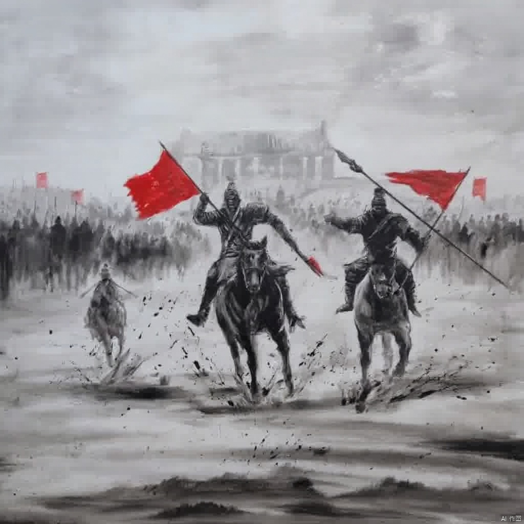 Photograph two men on horseback one in traditional Chinese attire holding red flags one with a sword and one with an arrow both of them are in a battle with a large crowd of people in the background and a building with a red roof in the distance all of the painting is black and white and the sky is cloudy., ink painting, a painting of two men on horses chasing a horse in the snow with a building in the background and a person on a horse in the foreground, holding, monochrome, weapon, male focus, multiple boys, sword, 2boys, cape, holding weapon, armor, holding sword, helmet, polearm, spot color, spear, battle, riding, holding polearm, horse, horseback riding, outdoors, letterboxed, flag, grey sky