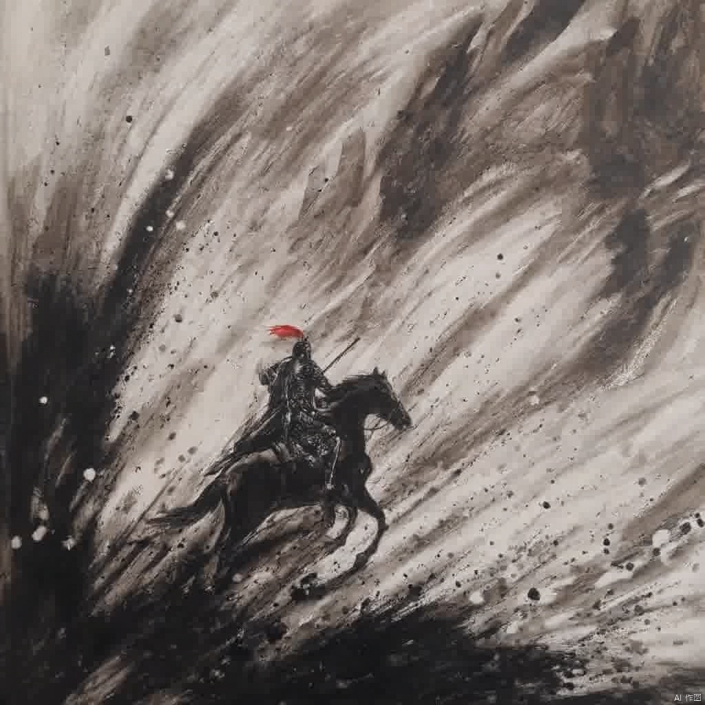 Inspired by fantasy art a warrior with a red hat and a bow and arrow dressed in traditional armor stands on a black horse surrounded by a turbulent sea dark and dramatic ethereal and mystical atmosphere with splashes of white and black intense and intense., ink painting, a painting of a man riding a horse through a storm of water with a red flag on his head, solo, 1boy, holding, monochrome, weapon, male focus, holding weapon, polearm, spot color, bow \(weapon\), riding, horse, horseback riding, armor, letterboxed, arrow \(projectile\)