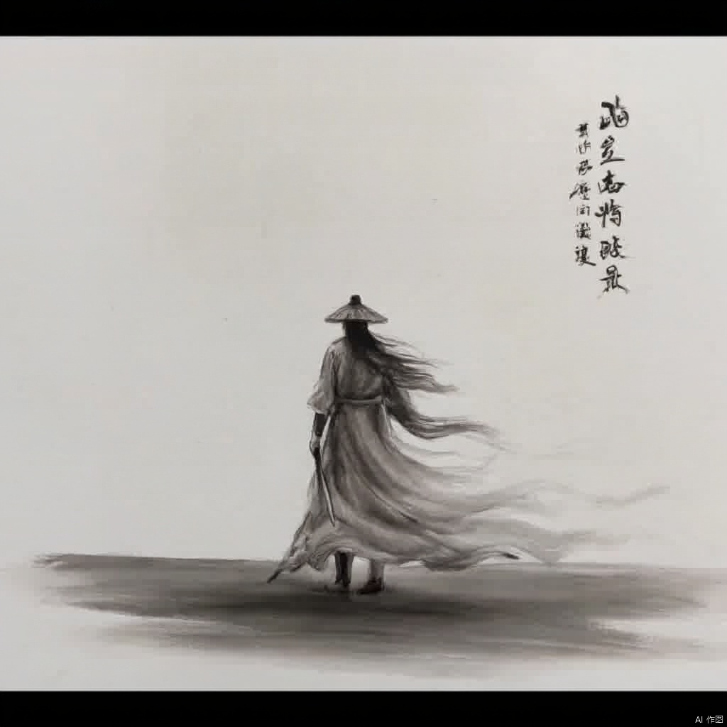 Inspired by traditional Chinese art a figure in traditional attire flowing robes holding a sword and a shield stands alone facing a distant horizon soft lighting ethereal and somber mood black and white tones calligraphy in the background egyption of Chinese characters sense of strength and mystery., ink painting, a drawing of a person with a long hair and a sword in his hand and a chinese writing on the wall, solo, 1boy, hat, holding, standing, monochrome, weapon, greyscale, male focus, boots, sword, grey background, from behind, holding weapon, holding sword, letterboxed, topknot, long sleeves, ponytail, japanese clothes, katana, walking, chinese text, facing away