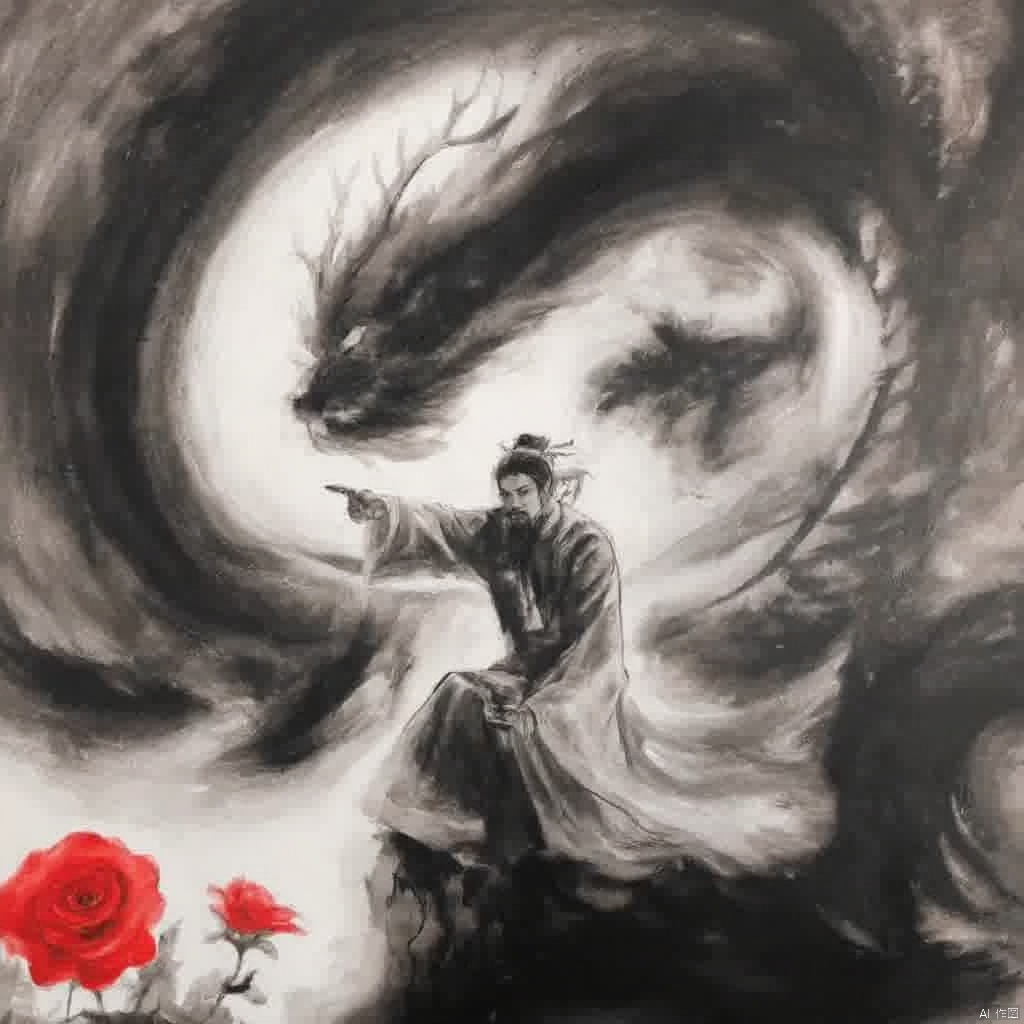 Wuxia traditional Chinese painting style serene figure in traditional attire seated on a rock holding a sword surrounded by a swirling dragon with a red rose in the foreground dark and cloudy background ethereal and mystical atmosphere intricate details flowing robes poised and contemplative expression ancient dynasty-inspired., ink painting, A man points forward with a dragon behind him, solo, long hair, long sleeves, 1boy, hat, monochrome, ponytail, male focus, wide sleeves, from side, chinese clothes, pointing, robe, dragon, antlers, eastern dragon, facial hair, beard, spot color