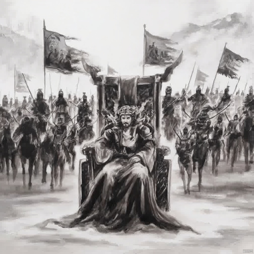 Black and white painting a figure in traditional Chinese attire seated on a large wooden throne surrounded by a large group of warriors holding flags and swords with mountains and mountains in the background all of whom appear to be warriors and the figure in the foreground is wearing a long flowing robe and elaborate headdress and a serene expression suggesting a battle scene., ink painting, A person lying in a wheelchair and a group of people in the background, 1girl, long hair, sitting, monochrome, greyscale, cloud, scenery, riding, solo, hat, outdoors, wide sleeves, water, letterboxed, tabard