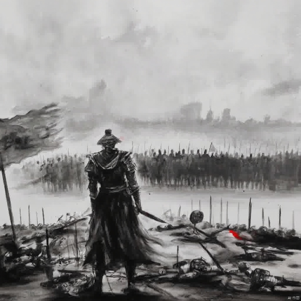 Cinematic still a warrior in traditional kimono with a red sword standing on a rocky terrain surrounded by other weapons with a figure in the background and a flag with a waving flag all in black and white intense and dramatic intense gaze and intense mood with red accents overcast sky., ink painting, A painting of a man holding a flag standing on a body hill with many people in the background, holding, standing, monochrome, weapon, male focus, multiple boys, sword, cape, holding weapon, armor, holding sword, helmet, letterboxed, polearm, spot color, spear, flag, full armor, hat, blood
