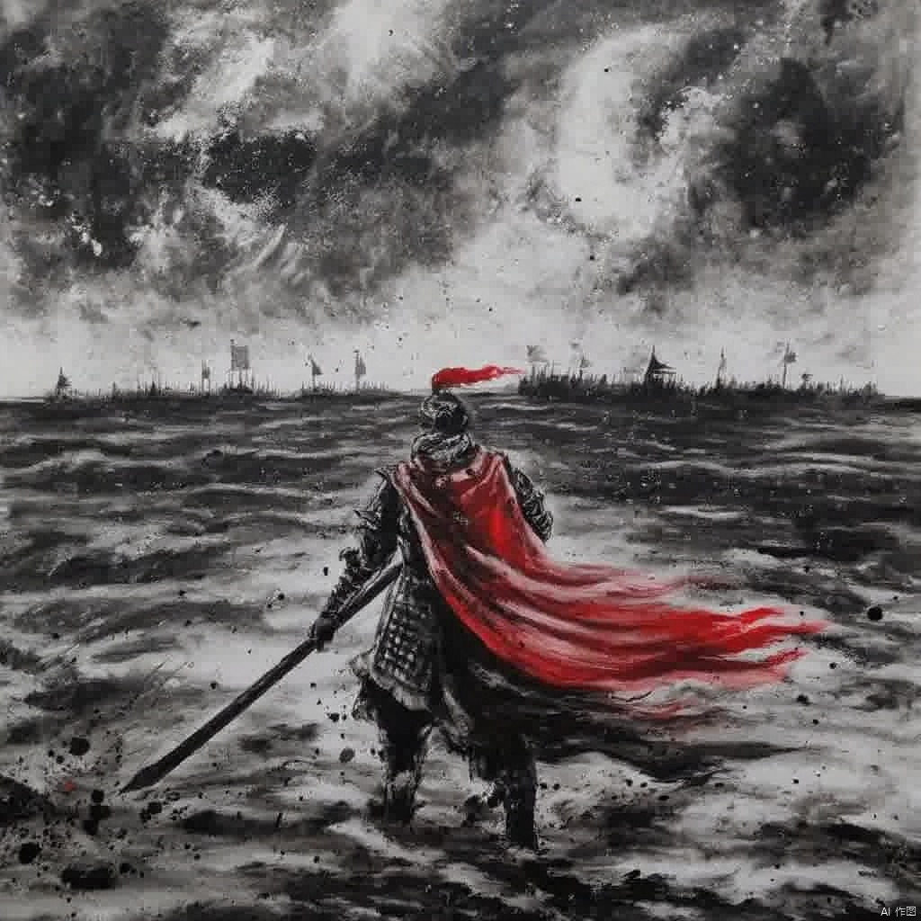 Photograph a warrior in armor stands in a turbulent sea holding a red flag and a sword with a black handle wearing a chain with a pendant dark and ominous mood dark cloudy sky waves and distant ships in the distance and the red flag billowing in the wind., ink painting, a painting of a man with a sword and a red cape standing in the water with a cloudy sky behind him, solo, 1boy, holding, standing, weapon, male focus, from behind, cape, holding weapon, armor, helmet, polearm, spot color, spear, red cape, holding polearm, weapon over shoulder, floating cape, sword, katana