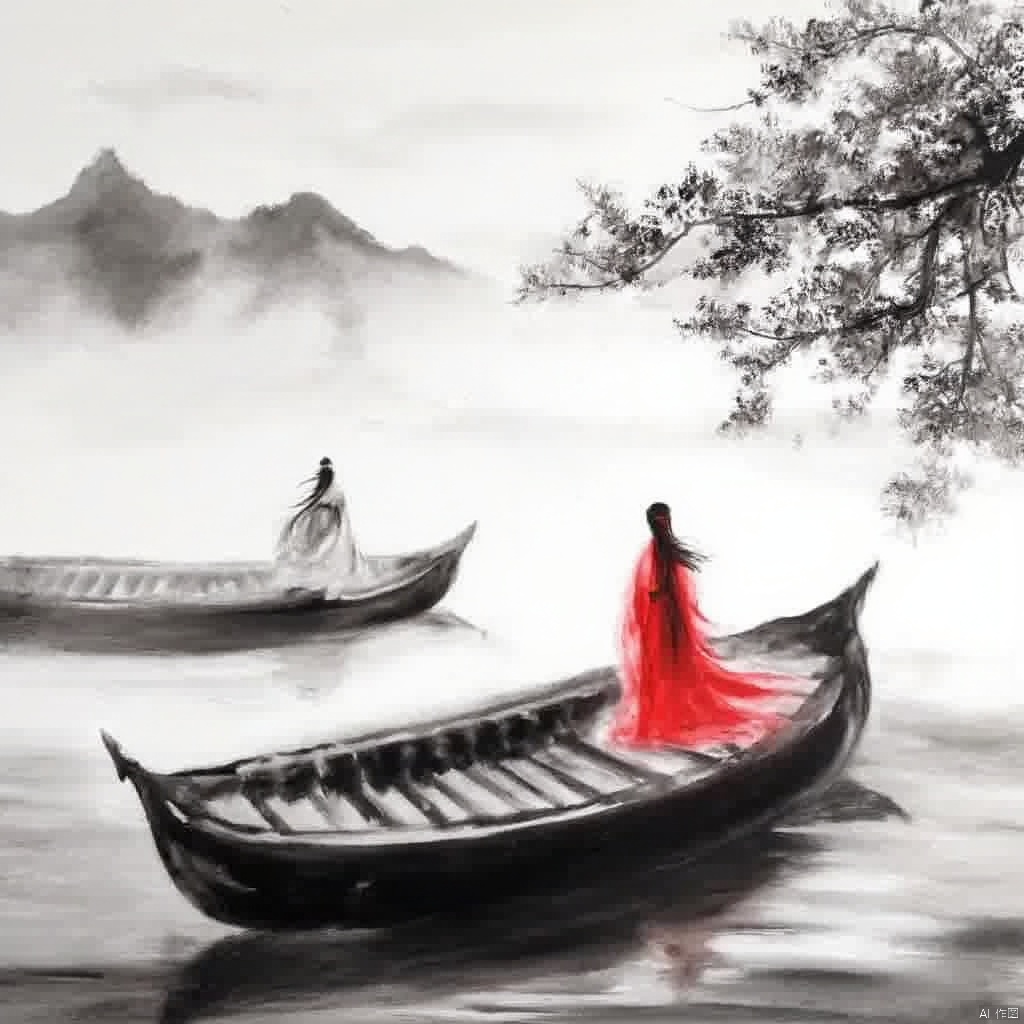 Wuxia serene landscape two figures in traditional Chinese attire one in red flowing robes the other in white flowing robes with black hair standing on a large wooden boat surrounded by misty mountains soft lighting ethereal and mystical mood intricate details delicate brushstrokes soft shadows calm and contemplative atmosphere., ink painting, a painting of a woman in a red dress walking across a bridge with a man sitting on it and a tree in the background, 1girl, long hair, black hair, 1boy, sitting, tree, chinese clothes, spot color, branch, multiple girls, 2girls, japanese clothes, letterboxed, wind, watercraft, architecture, east asian architecture