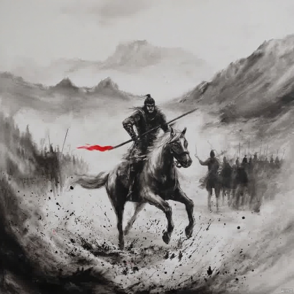Inspired by a fantasy art style a warrior on a horse holding a red kite is mid-action with a sword and a long staff and a helmet and flowing smoke dark and dramatic mountainous backdrop and splashes of black and white and red flag sense of strength and power and intense and determined expression., ink painting, a painting of a man on a horse with a red flag in the air and mountains in the background, solo, 1boy, holding, monochrome, weapon, greyscale, male focus, japanese clothes, sword, holding weapon, armor, blood, helmet, polearm, spot color, spear, running, riding, horse, horseback riding, letterboxed, mountain