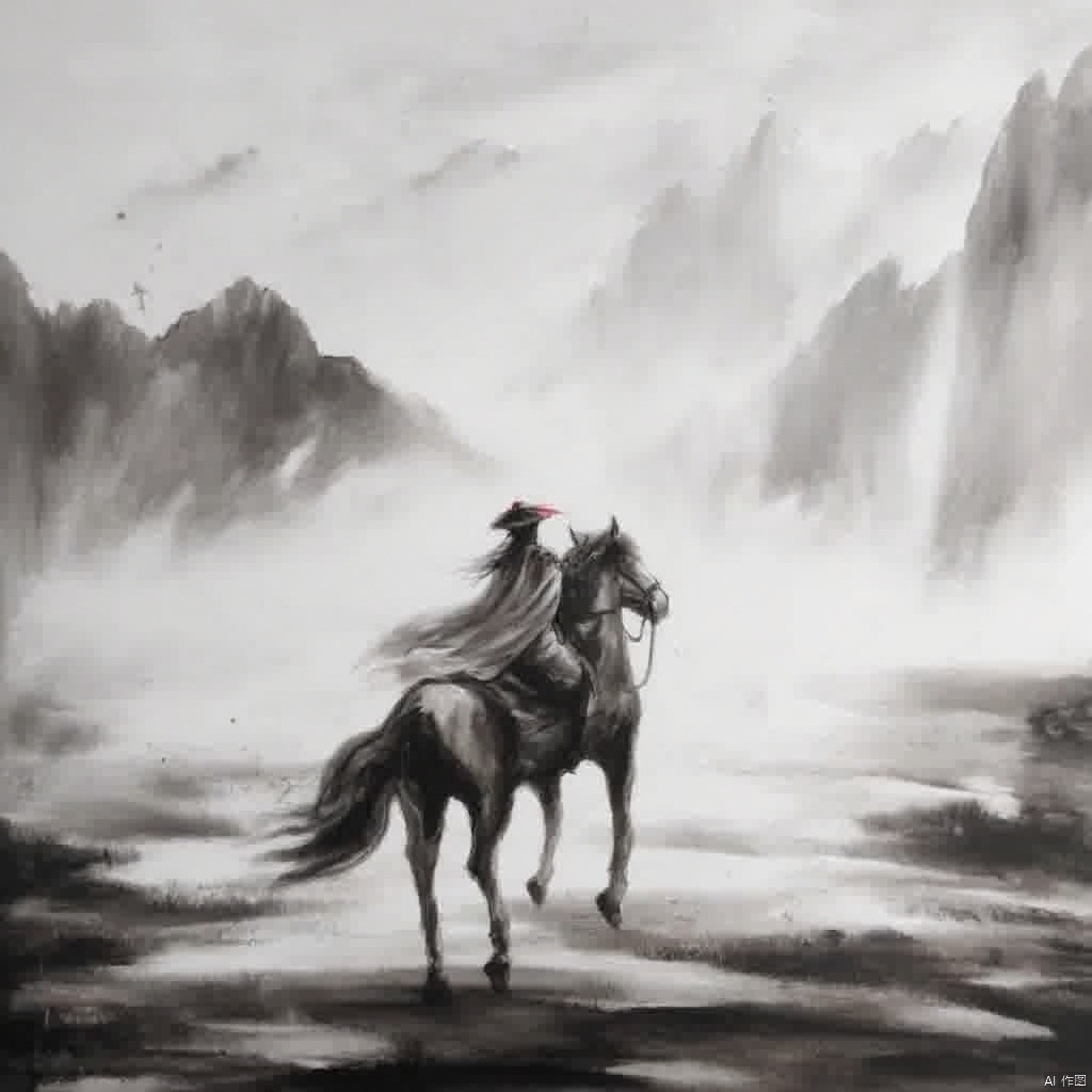 Wuxia a serene figure in traditional Chinese attire seated on a horse holding a staff wearing a red hat and flowing robe surrounded by misty mountains ethereal and mystical atmosphere black and white color palette soft focus calm and contemplative mood full-body shot full back view wide-angle shot slight tilted angle calm water surface., ink painting, a drawing of a woman holding a horse with a man on it's back, 1girl, long hair, 1boy, hat, monochrome, cape, bird, animal, letterboxed, riding, horse, horseback riding, spot color