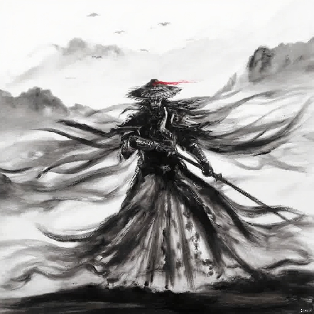 Wuxia a warrior in traditional Chinese armor dark and ominous mood standing in a mountainous landscape holding a sword long flowing wings wearing a black helmet with a red feather dark background misty mountains distant birds ethereal and somber atmosphere full-body shot dramatic and dramatic composition dark dark colors poised and ready for battle., ink painting, a man with a long hair and a hat on holding a sword in his hand and a wind blowing behind him, solo, 1boy, hat, holding, standing, monochrome, weapon, male focus, sword, holding weapon, armor, bird, holding sword, katana, letterboxed, outdoors, cape, helmet, spot color