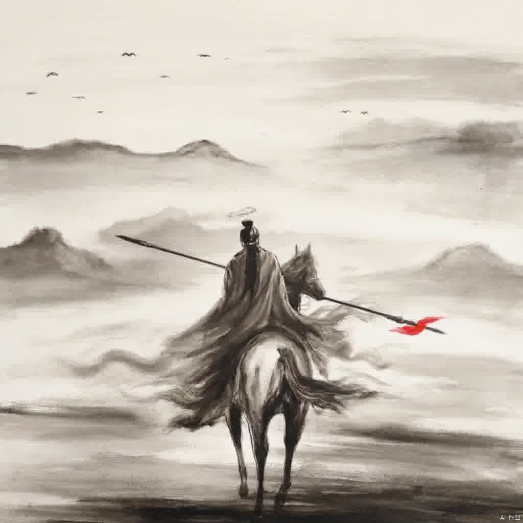 Wuxia a warrior on a horse misty landscape traditional Chinese attire long flowing robes holding a long sword red arrow serene expression distant mountains mist distant birds overcast sky black and white tones ethereal and mystical atmosphere., ink painting, a man riding a horse with a spear in his hand and a flag in his hand on the back, solo, long hair, 1boy, holding, monochrome, weapon, greyscale, male focus, from behind, cape, holding weapon, helmet, letterboxed, polearm, spear, facing away, riding, holding polearm, horse, horseback riding, very long hair, outdoors, armor, bird, spot color