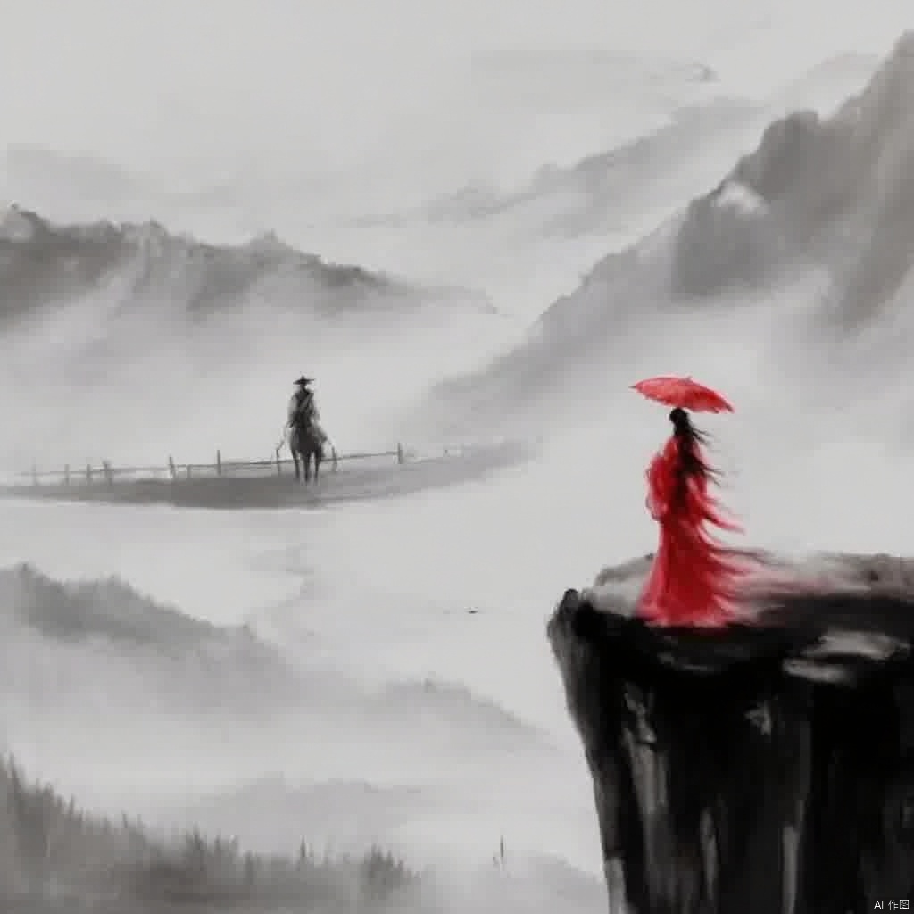 Wuxia a woman in red dress holding a red umbrella standing on a cliff looking over a misty mountain holding her head towards a figure on a horse wearing a dark hat dark cloak holding long swords misty mountains in the background ethereal and serene atmosphere soft lighting egyption of natural beauty and mystery., ink painting, a painting of a person riding a horse across a bridge over a mountain range with a person on a horse, 1girl, long hair, multiple girls, holding, standing, outdoors, japanese clothes, kimono, water, umbrella, letterboxed, scenery, mountain, oil-paper umbrella, bridge, fog, 1boy, weapon, sword, grey sky