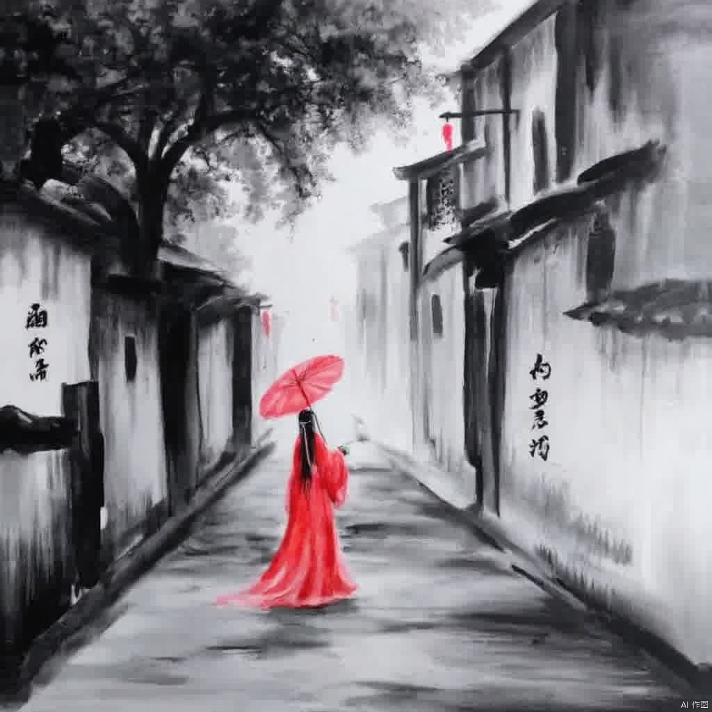 Traditional Chinese painting style a woman in a red traditional robe walks down a narrow alleyway holding a red umbrella and a black staff with long black hair holding red lanterns and wearing a black headdress and holding a black scroll and the walls of the alley are painted with calligraphy and trees in the background all of which are dark and muted overcast lighting., ink painting, a painting of a woman in a red dress holding an umbrella on a street with buildings and a horse, 1girl, solo, japanese clothes, kimono, tree, umbrella, letterboxed, scenery, lantern, stairs, oil-paper umbrella, torii, shrine, 1boy, spot color, architecture, east asian architecture