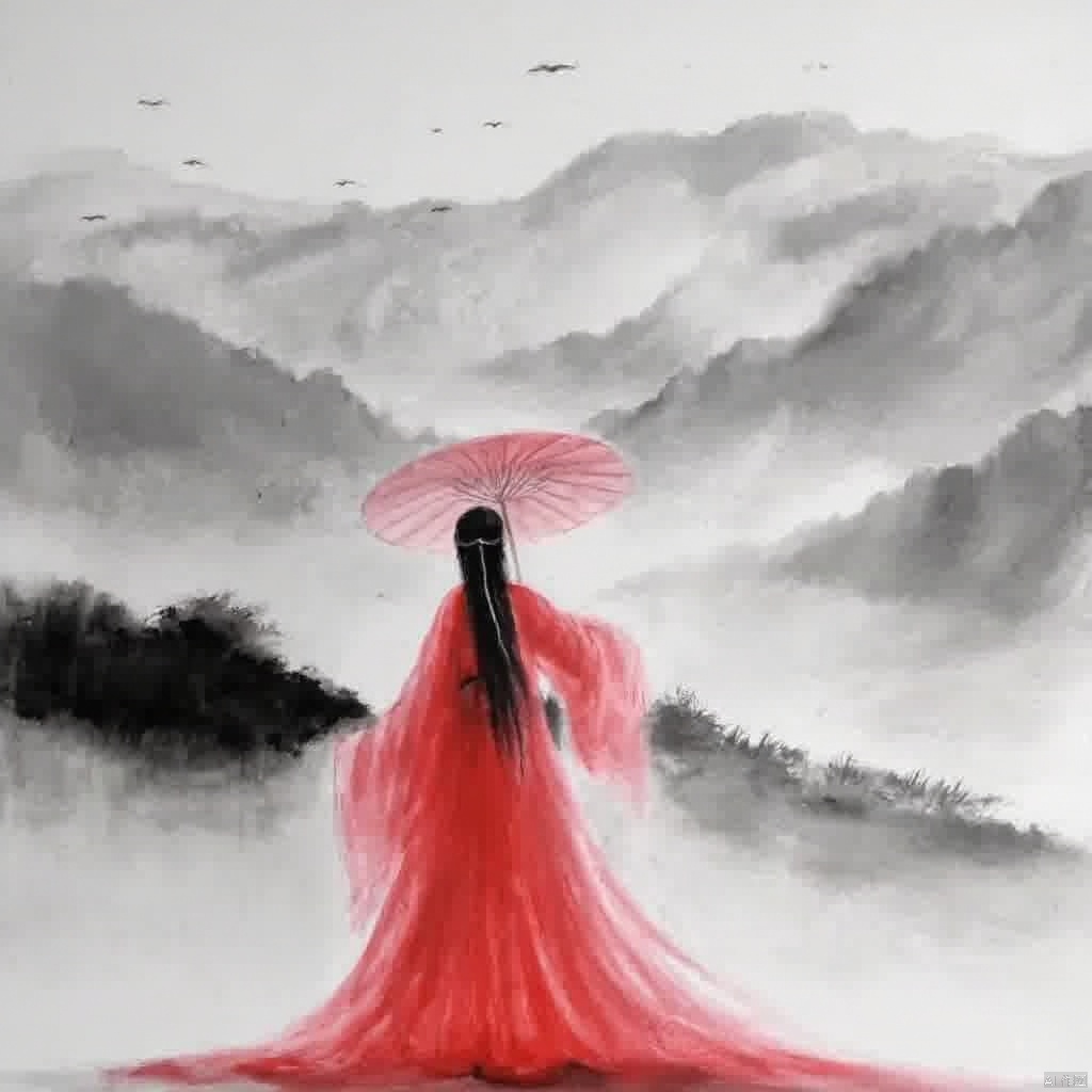 Inspired by traditional Chinese painting a serene figure in traditional Chinese attire Tang dynasty long black hair flowing red robe holding a pink paper umbrella standing in a mountainous landscape misty mountains in the background birds flying in the sky soft lighting ethereal and contemplative mood muted colors delicate and elegant composition., ink painting, a woman in a red dress holding an umbrella in the rain with mountains in the background in black and white, 1girl, solo, long hair, black hair, long sleeves, very long hair, standing, wide sleeves, from behind, bird, umbrella, chinese clothes, red dress, letterboxed, mountain, oil-paper umbrella, grey sky