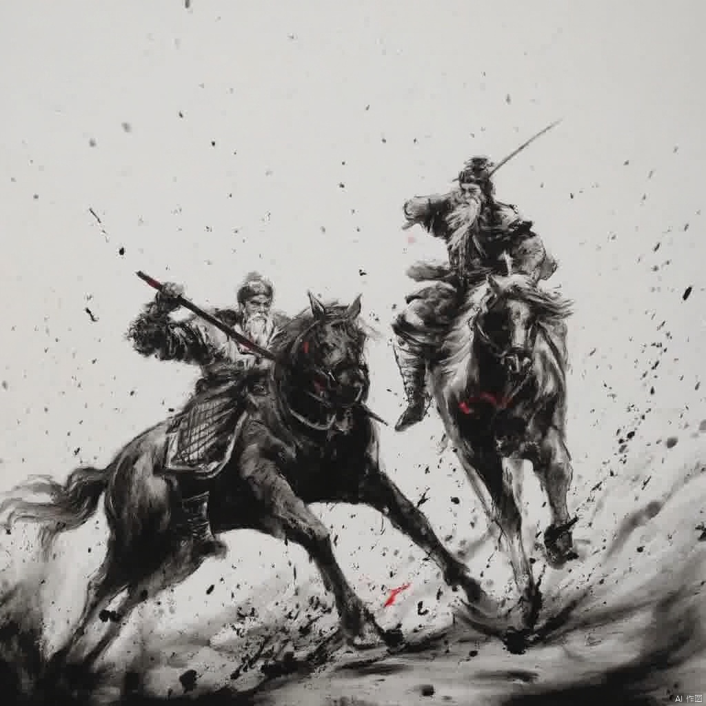 Cinematic still Daoist warrior Dangtian dynamic pose dynamic action intense expression white beard long white hair intense gaze intense stance dynamic water splashing dark horse red sword dramatic and intense mood medium shot black and white color palette dramatic yet powerful., ink painting, a painting of a man on a horse with a gun in his hand and another man on a horse with a gun in his hand, 1boy, hat, holding, monochrome, weapon, greyscale, multiple boys, sword, 2boys, holding weapon, holding sword, single hair bun, helmet, polearm, spot color, spear, riding, horse, armor, gun