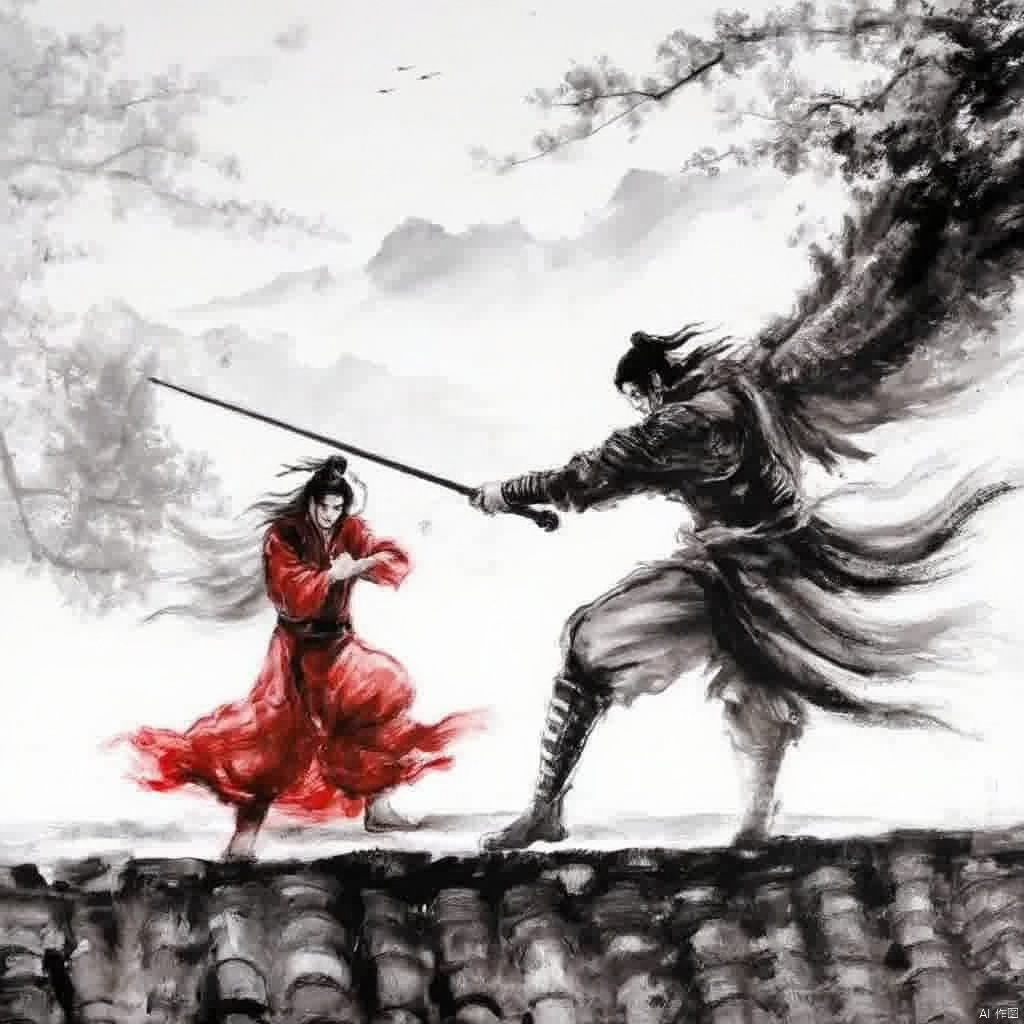 Wuxia two characters in traditional Chinese martial arts attire one in red traditional attire the other in gray armor battle with wings intense expression dynamic pose dynamic stance misty mountains in the background mist-covered trees ethereal and mystical atmosphere detailed brushstrokes dramatic and intense mood., ink painting, two people on a bridge with a painting of mountains in the background and a man holding a sword in the foreground, long hair, black hair, holding, ponytail, weapon, male focus, japanese clothes, multiple boys, sword, 2boys, scarf, holding weapon, armor, tree, holding sword, katana, ninja, battle, polearm, mountain, architecture, east asian architecture, duel