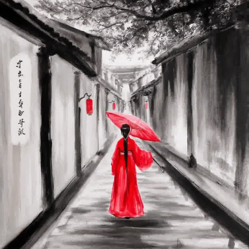 Traditional Chinese painting style a woman in a red traditional robe walks down a narrow alleyway holding a red umbrella and a black staff with long black hair holding red lanterns and wearing a black headdress and holding a black scroll and the walls of the alley are painted with calligraphy and trees in the background all of which are dark and muted overcast lighting., ink painting, a painting of a woman in a red dress holding an umbrella on a street with buildings and a horse, 1girl, solo, japanese clothes, kimono, tree, umbrella, letterboxed, scenery, lantern, stairs, oil-paper umbrella, torii, shrine, 1boy, spot color, architecture, east asian architecture