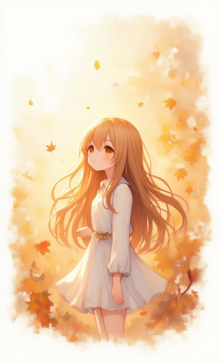 A delicate autumnal scene unfolds: a kawaii girl,  her hair a warm honey hue,  stands amidst rustling leaves on Tensor.Art