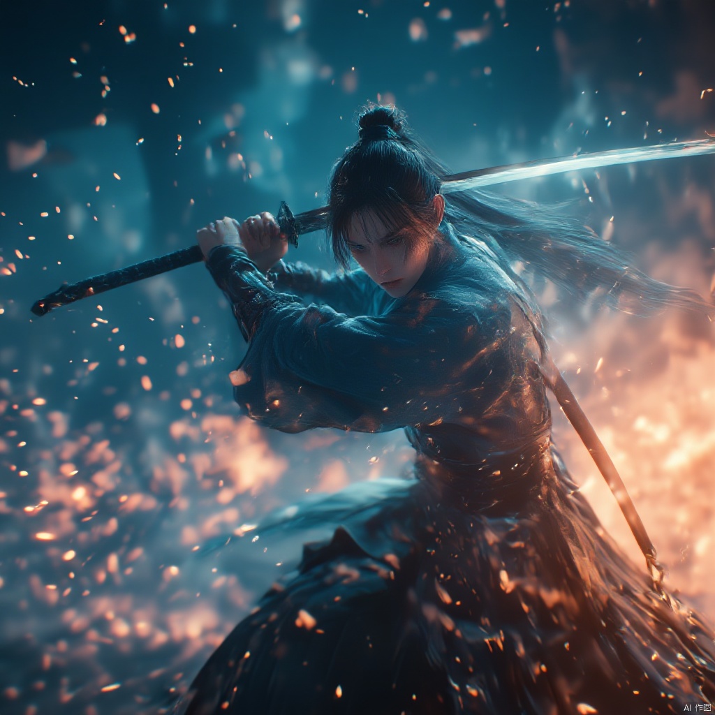 Wuxia female warrior in a dark city at night holding a blue sword intense expression long flowing hair white armor black flowing robes dramatic lighting blurred cityscape with tall buildings and red lanterns intense and focused mood dynamic pose low-angle shot dramatic and dramatic atmosphere., holding light-sword, weapon, 1girl, particle effects, spark, holding ice-sword, sword, solo, holding sword, holding, holding weapon, night, blurry, glowing
