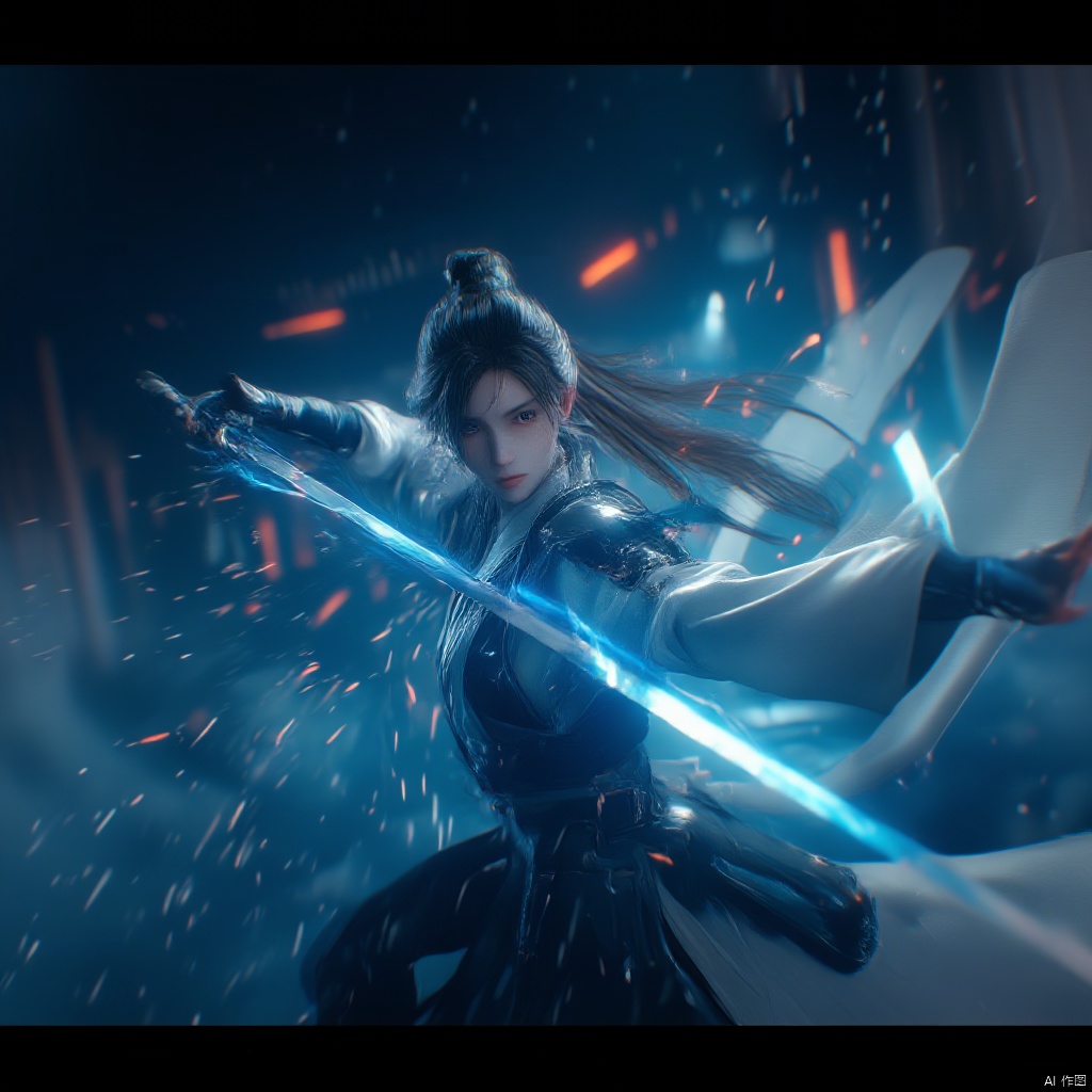 Concept art fantasy warrior dynamic pose long flowing hair traditional Chinese attire intense expression holding a sword intense gaze intense lighting dark alleyway lanterns intense shadows dynamic composition dramatic lighting intense and focused mood low-angle shot vibrant colors dynamic and intense atmosphere., female, solo, realistic movie stills, ancient chinese martial arts style, holding sword, fighting stance, spark, dynamic, flame, war, aura, black hair, blurry, holding, fire, long hair
