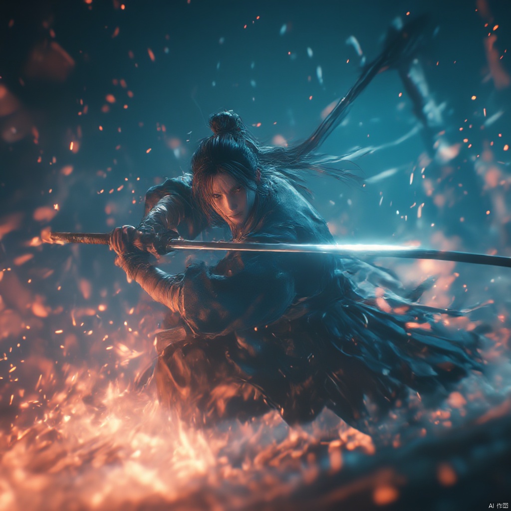 Wuxia female warrior in a dark forest long flowing hair white robe holding a blue sword intense gaze intense expression dynamic pose intense lighting ethereal atmosphere dimly lit eberspace dynamic and focused long-haired hair intense and focused stance dramatic lighting dark and mystical mood., holding light-sword, 1girl, solo, particle effects, spark, holding ice-sword, weapon, sword, holding sword, long hair, holding
