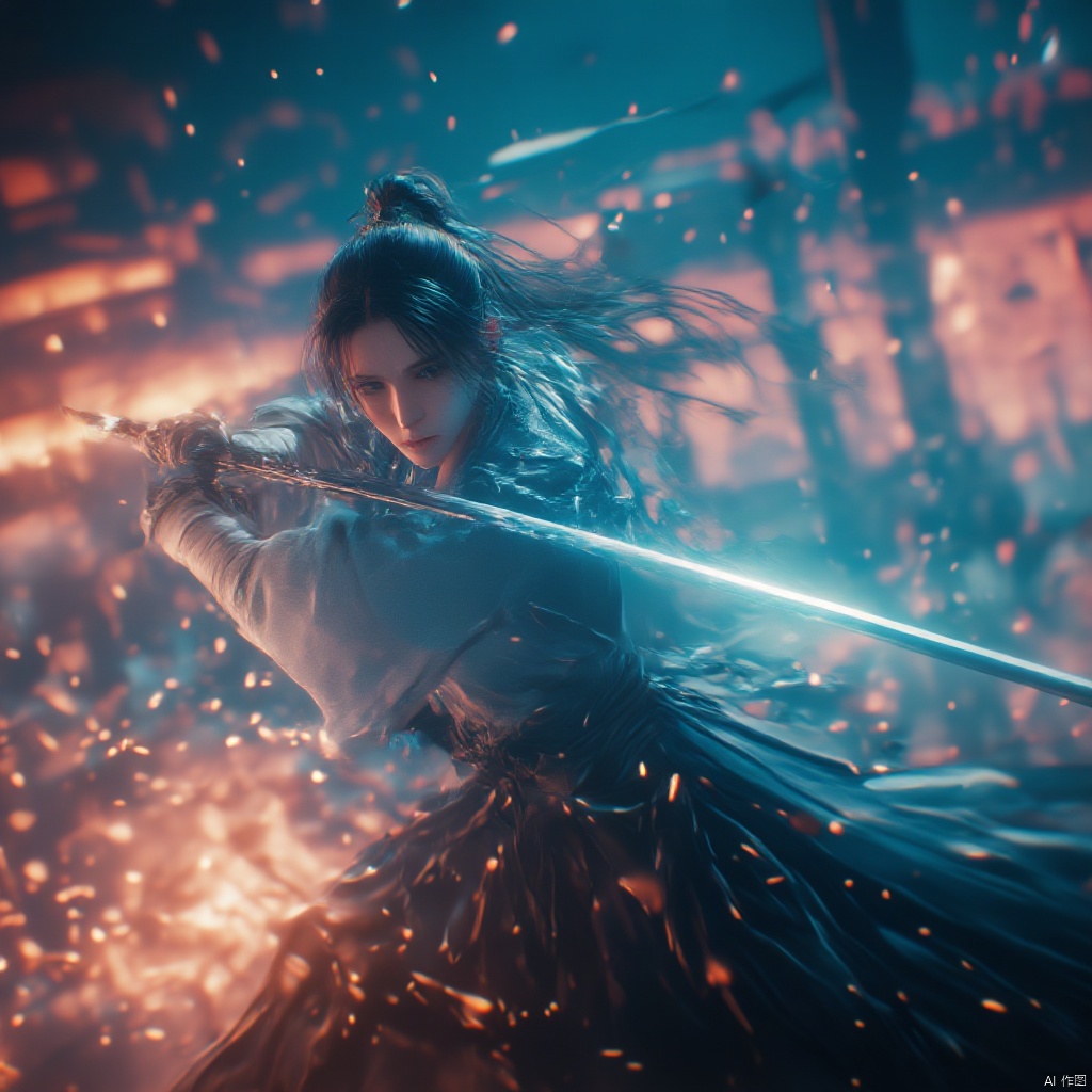 Wuxia warrior in traditional Chinese attire dynamic pose with a sword intense expression intense gaze intense lighting dynamic dynamic red and blue hues ancient Chinese buildings in the background intense and focused atmosphere dynamic and powerful dynamic composition dynamic movement historical and historical ambiance., male, aura, realistic movie stills, flame, holding sword, war, ancient chinese martial arts style, dynamic, spark, male focus, japanese clothes, letterboxed, black hair, hakama, architecture, fighting stance, topknot, east asian architecture