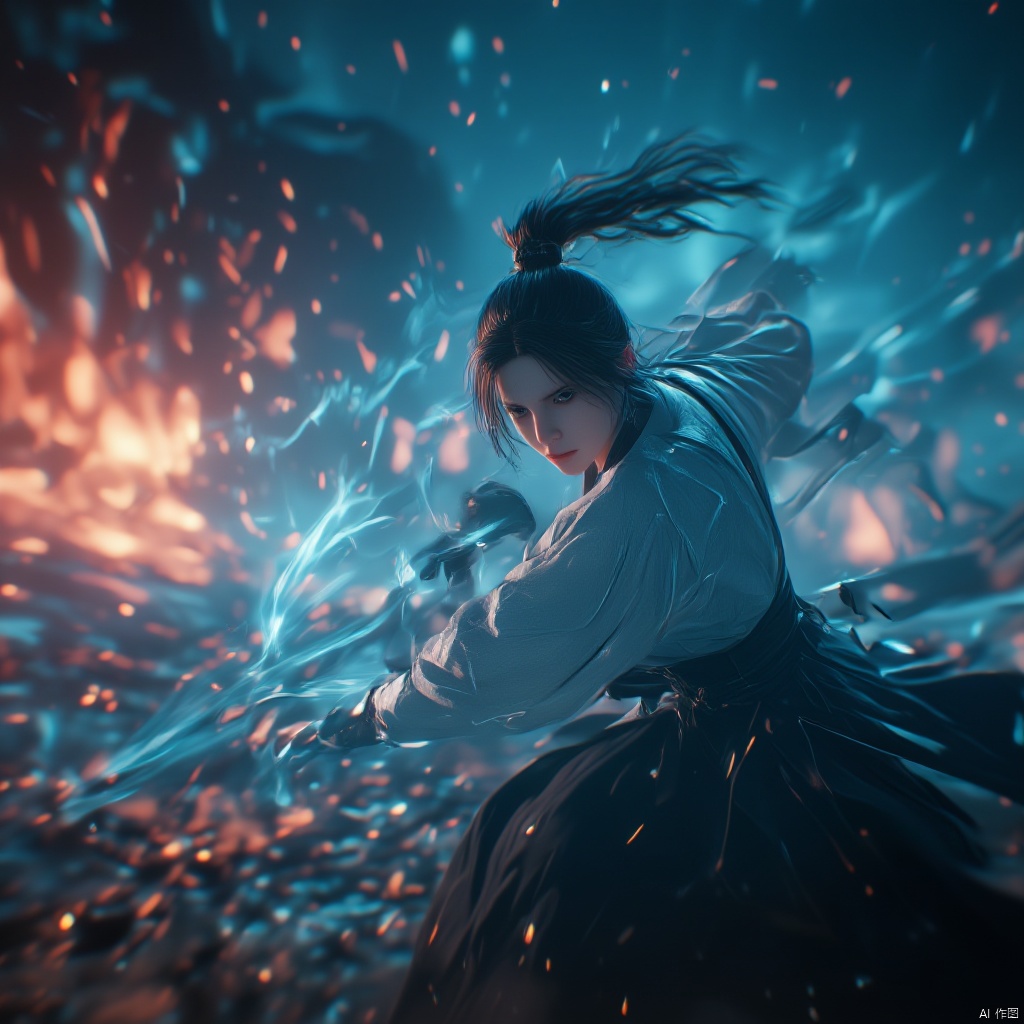 Wuxia female warrior in a dark city at night holding a blue sword intense expression long flowing hair white armor black flowing robes dramatic lighting blurred cityscape with tall buildings and red lanterns intense and focused mood dynamic pose low-angle shot dramatic and dramatic atmosphere., holding light-sword, weapon, 1girl, particle effects, spark, holding ice-sword, sword, solo, holding sword, holding, holding weapon, night, blurry, glowing