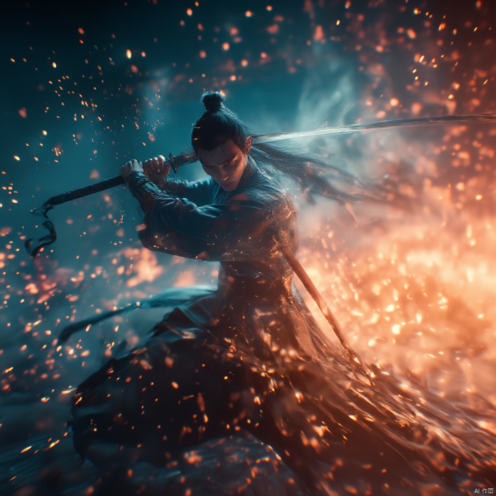 Wuxia warrior in traditional Chinese attire dynamic pose with a sword intense expression intense gaze intense lighting dynamic dynamic red and blue hues ancient Chinese buildings in the background intense and focused atmosphere dynamic and powerful dynamic composition dynamic movement historical and historical ambiance., male, aura, realistic movie stills, flame, holding sword, war, ancient chinese martial arts style, dynamic, spark, male focus, japanese clothes, letterboxed, black hair, hakama, architecture, fighting stance, topknot, east asian architecture