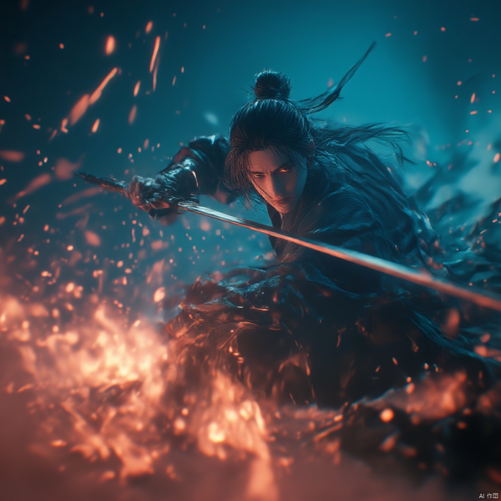 Cinematic still warrior in traditional Chinese attire intense expression holding a sword intense gaze intense lighting blue and orange hues dynamic pose dynamic composition intense and focused high-angle shot dramatic and intense mood ancient Chinese architecture in the background sparks illuminating the scene., male, aura, realistic movie stills, flame, holding sword, solo, war, ancient chinese martial arts style, dynamic, spark, hair bun, black hair, blurry, single hair bun, night, outdoors, building, east asian architecture
