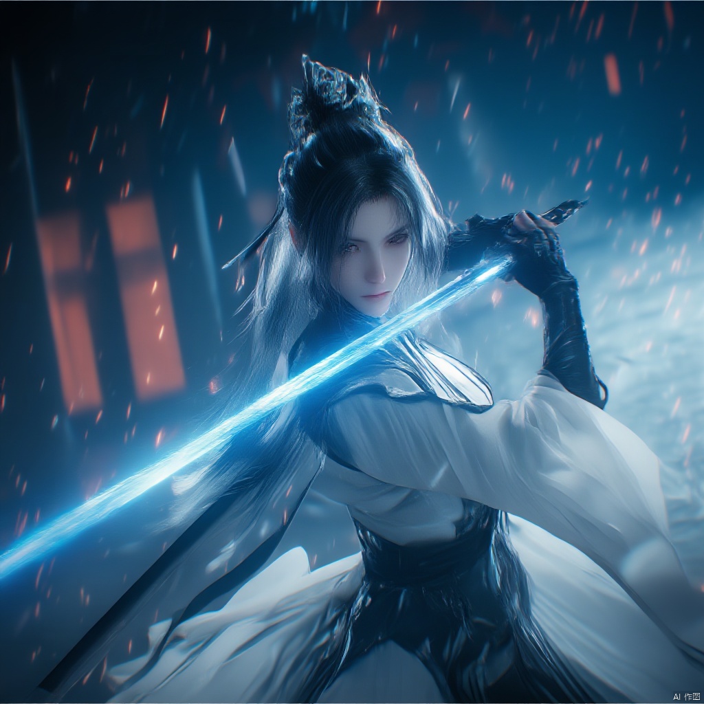 Wuxia female warrior in a dark city at night holding a blue sword intense expression long flowing hair white armor black flowing robes dramatic lighting blurred cityscape with tall buildings and red lanterns intense and focused mood dynamic pose low-angle shot dramatic and dramatic atmosphere., holding light-sword, weapon, 1girl, particle effects, spark, holding ice-sword, sword, solo, holding sword, holding, holding weapon, night, blurry, glowing
