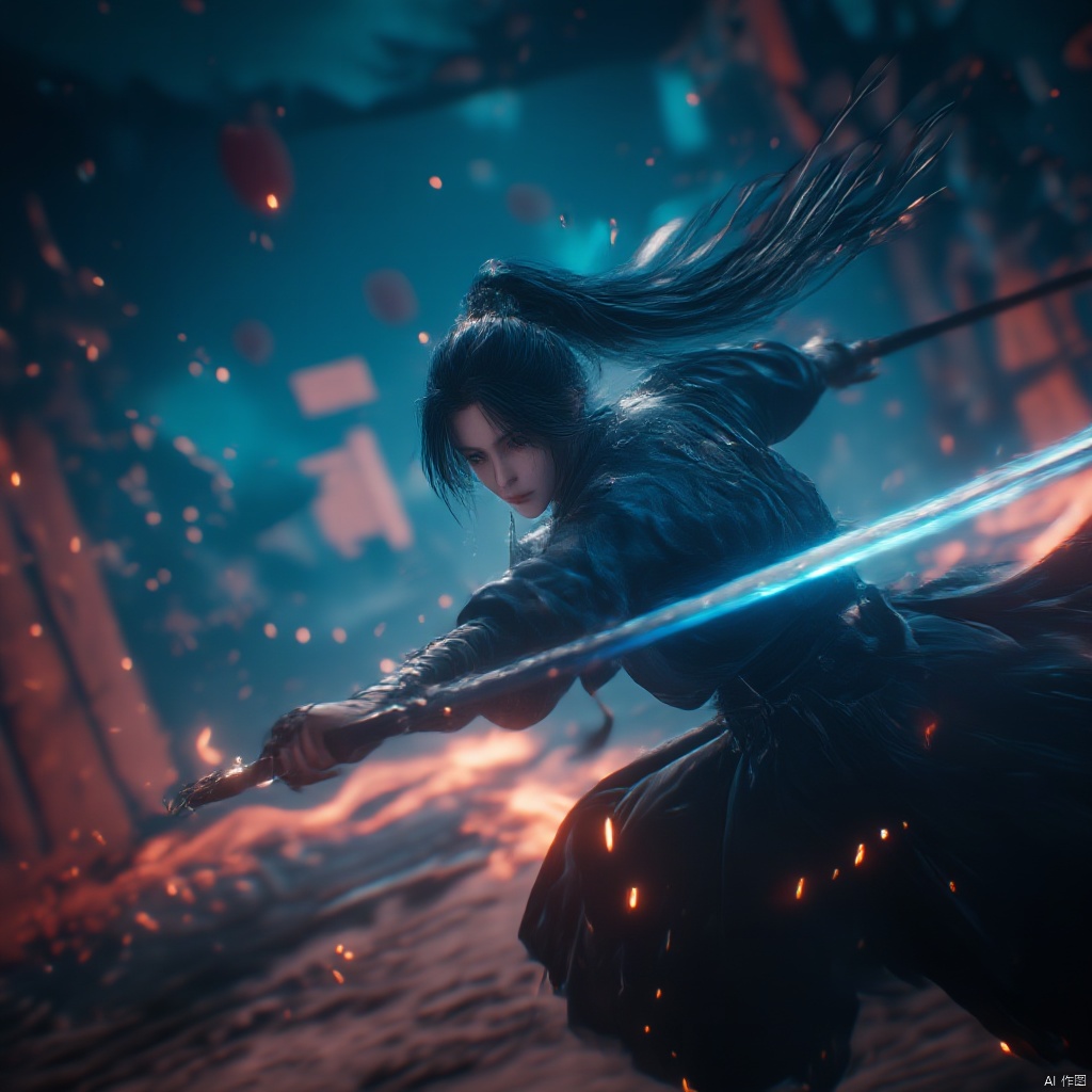 Cinematic still warrior in traditional Chinese attire intense expression holding a sword intense gaze intense lighting blue and orange hues dynamic pose dynamic composition intense and focused high-angle shot dramatic and intense mood ancient Chinese architecture in the background sparks illuminating the scene., male, aura, realistic movie stills, flame, holding sword, solo, war, ancient chinese martial arts style, dynamic, spark, hair bun, black hair, blurry, single hair bun, night, outdoors, building, east asian architecture
