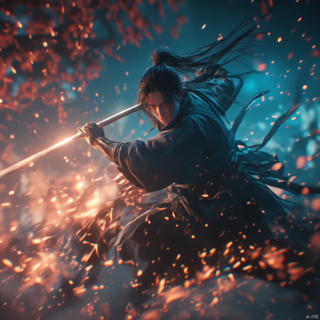 Wuxia warrior in traditional Chinese attire dynamic pose with a sword intense expression intense gaze intense lighting dynamic dynamic red and blue hues ancient Chinese buildings in the background intense and focused atmosphere dynamic and powerful dynamic composition dynamic movement historical and historical ambiance., male, aura, realistic movie stills, flame, holding sword, war, ancient chinese martial arts style, dynamic, spark, male focus, japanese clothes, letterboxed, black hair, hakama, architecture, fighting stance, topknot, east asian architecture