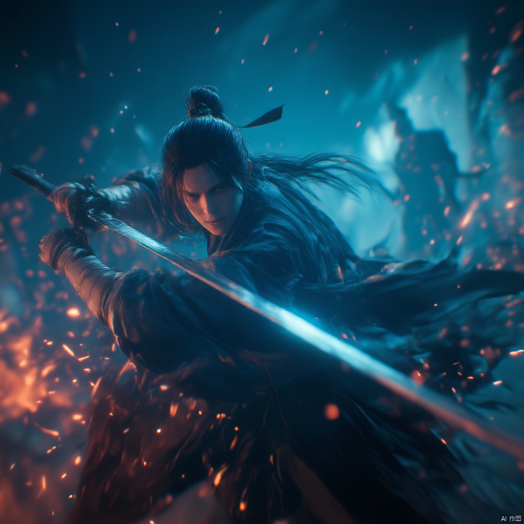 Wuxia warrior in traditional Chinese attire dynamic pose with swords intense expression intense gaze intense lighting dynamic dynamic intense cityscape intense atmosphere intense shadows dynamic movement dark and intense mood high contrast dynamic and focused dynamic composition dynamic lighting intense and focused., female, solo, realistic movie stills, ancient chinese martial arts style, holding sword, fighting stance, spark, dynamic, flame, war, aura, ponytail, holding, long hair, black hair, japanese clothes, blurry, dutch angle, sheath, night, looking at viewer
